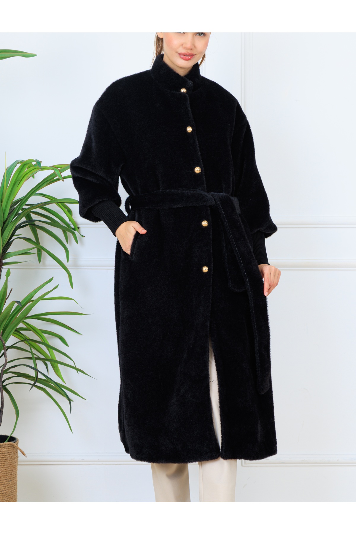 Elony Fashion  Kadın Gizli Çıtçıtlı Süs Düğmeli Kolları Kaşkorseli Kuşaklı Kaban - Görsel 8