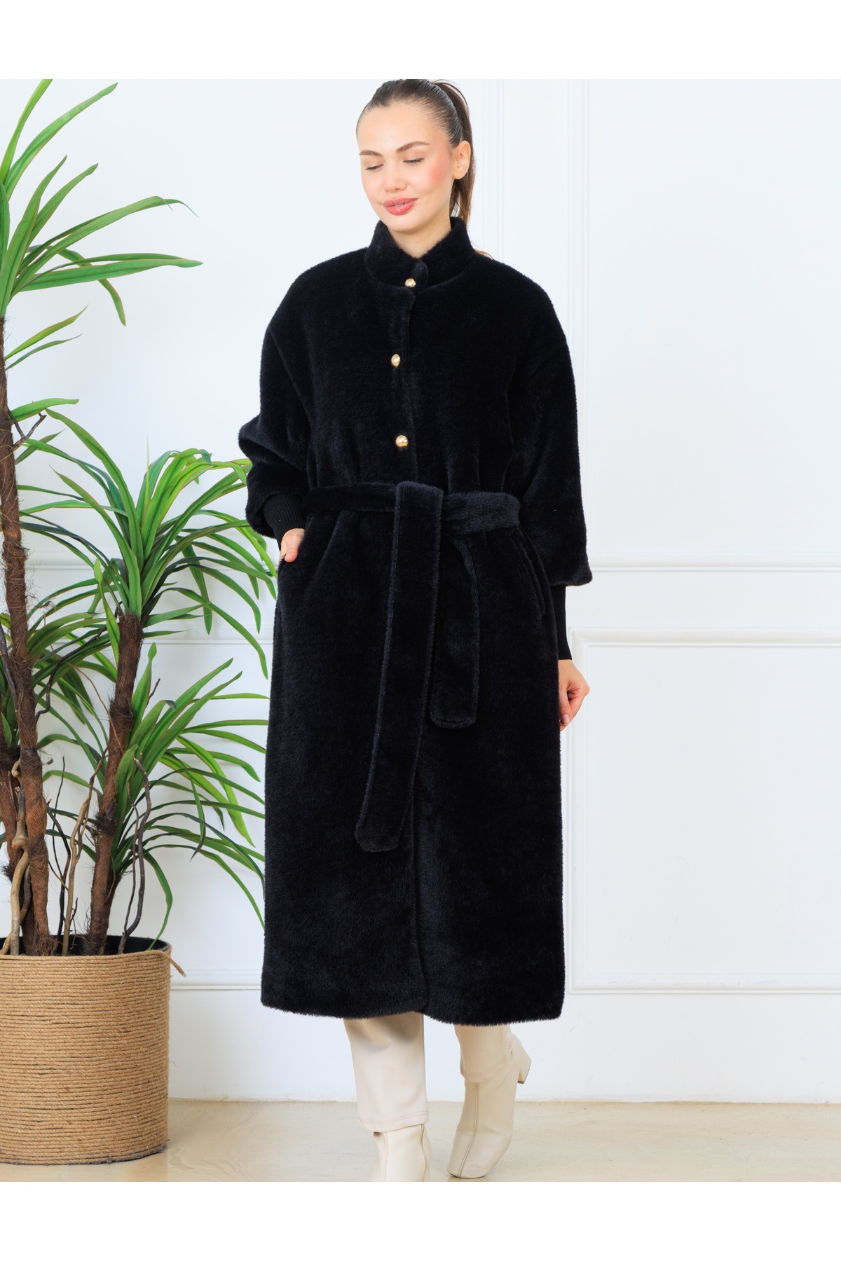 Elony Fashion  Kadın Gizli Çıtçıtlı Süs Düğmeli Kolları Kaşkorseli Kuşaklı Kaban - Görsel 5