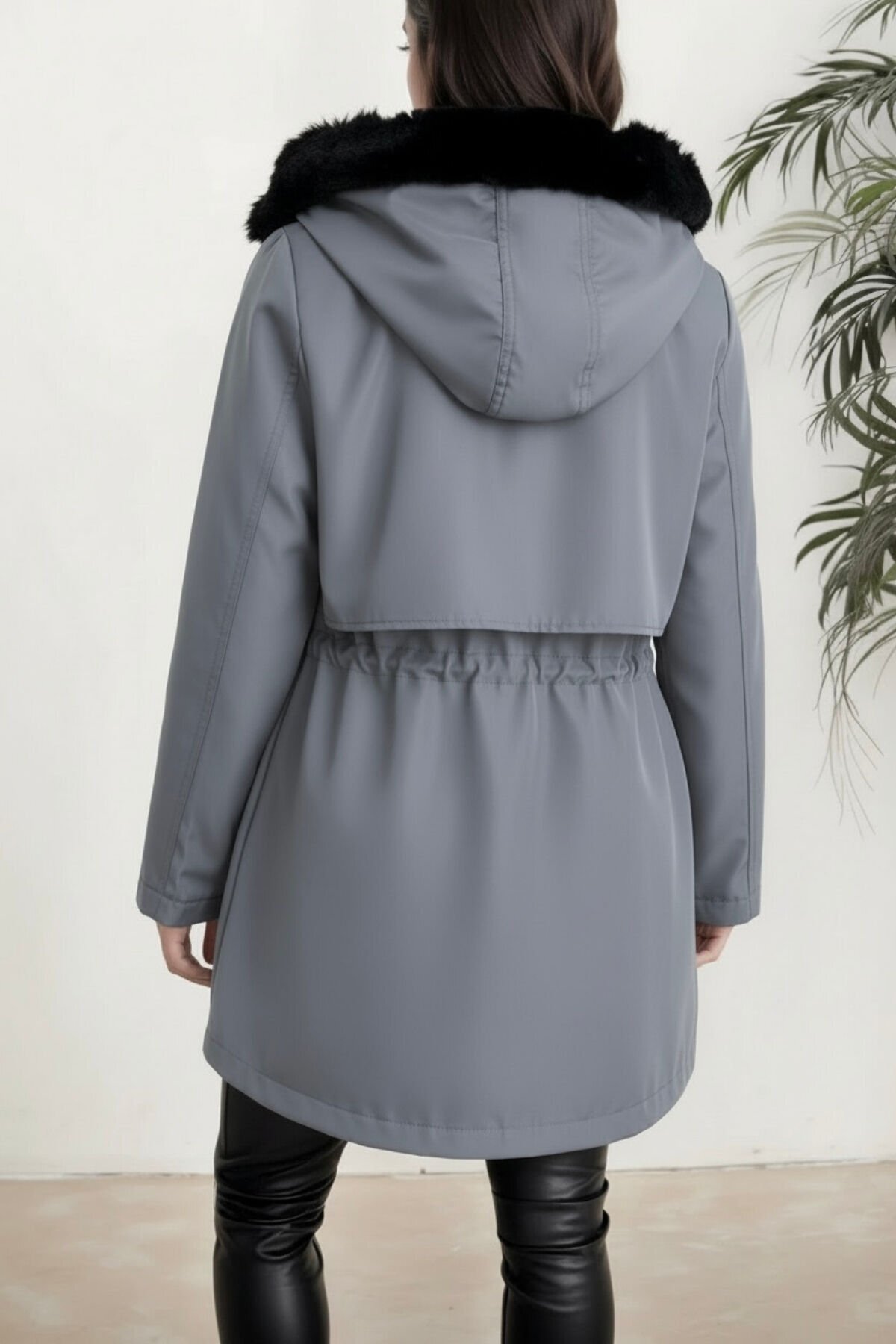 hiramir  Yeni Sezon Kapüşon Önü Uzun Tüylü İçi Kürk Astarlı Kadın Mont KS2533 - Görsel 2