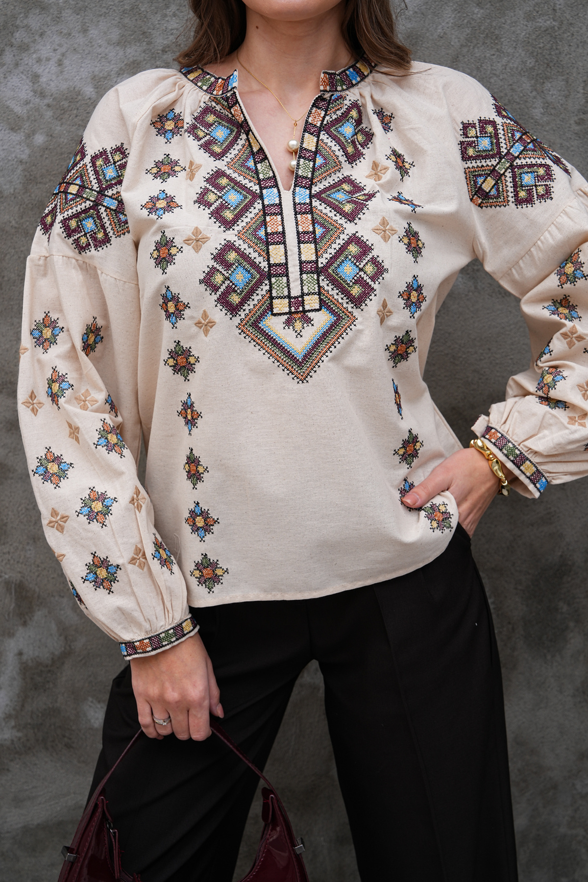 V-Neck Ethnic Pattern Embroidered Cotton Blouse