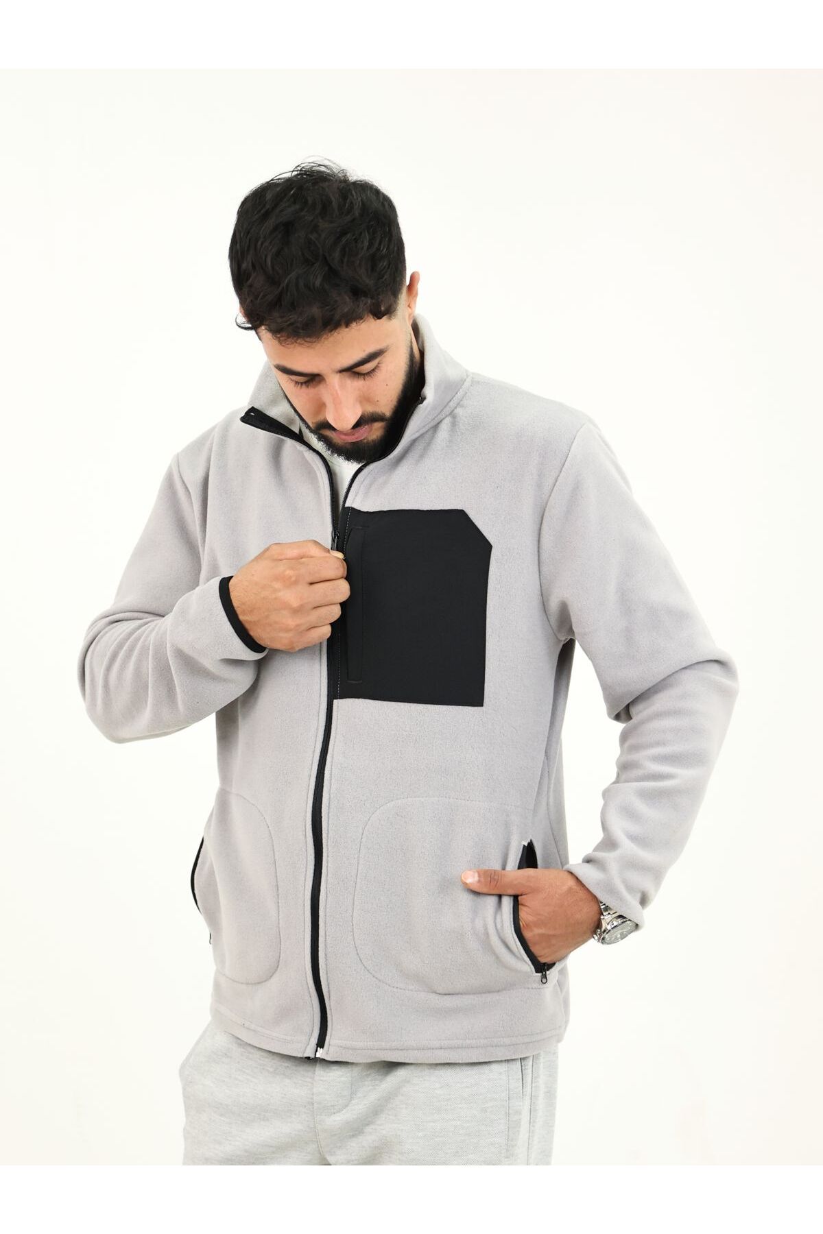 Erkek Basic Dik Yaka 3 Cepli Fermuarlı Yünlü Gri Polar Ceket — خاکستری E0500 — تصویر 3 از 6