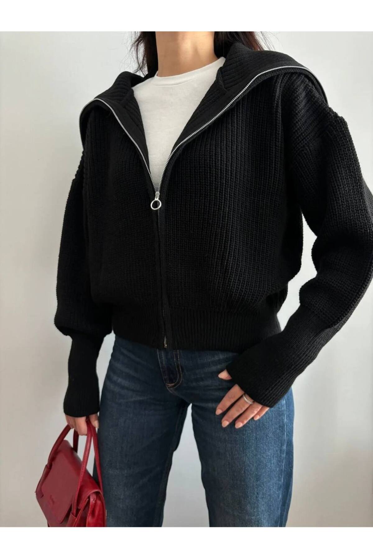 Nopen Knitwear Kadın Siyah Fermuarlı Triko Hırka görsel 3