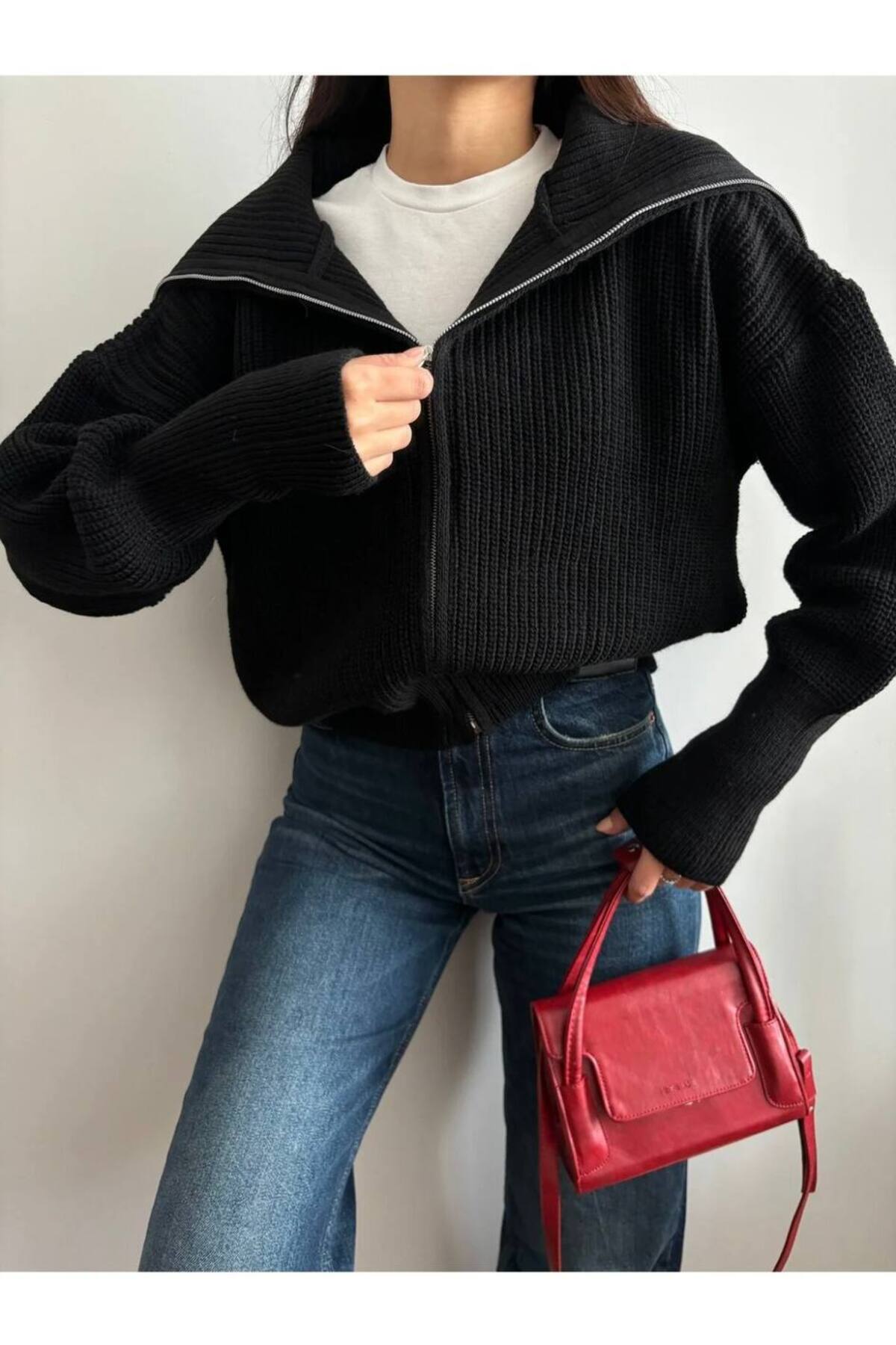 Nopen Knitwear Kadın Siyah Fermuarlı Triko Hırka görsel 4