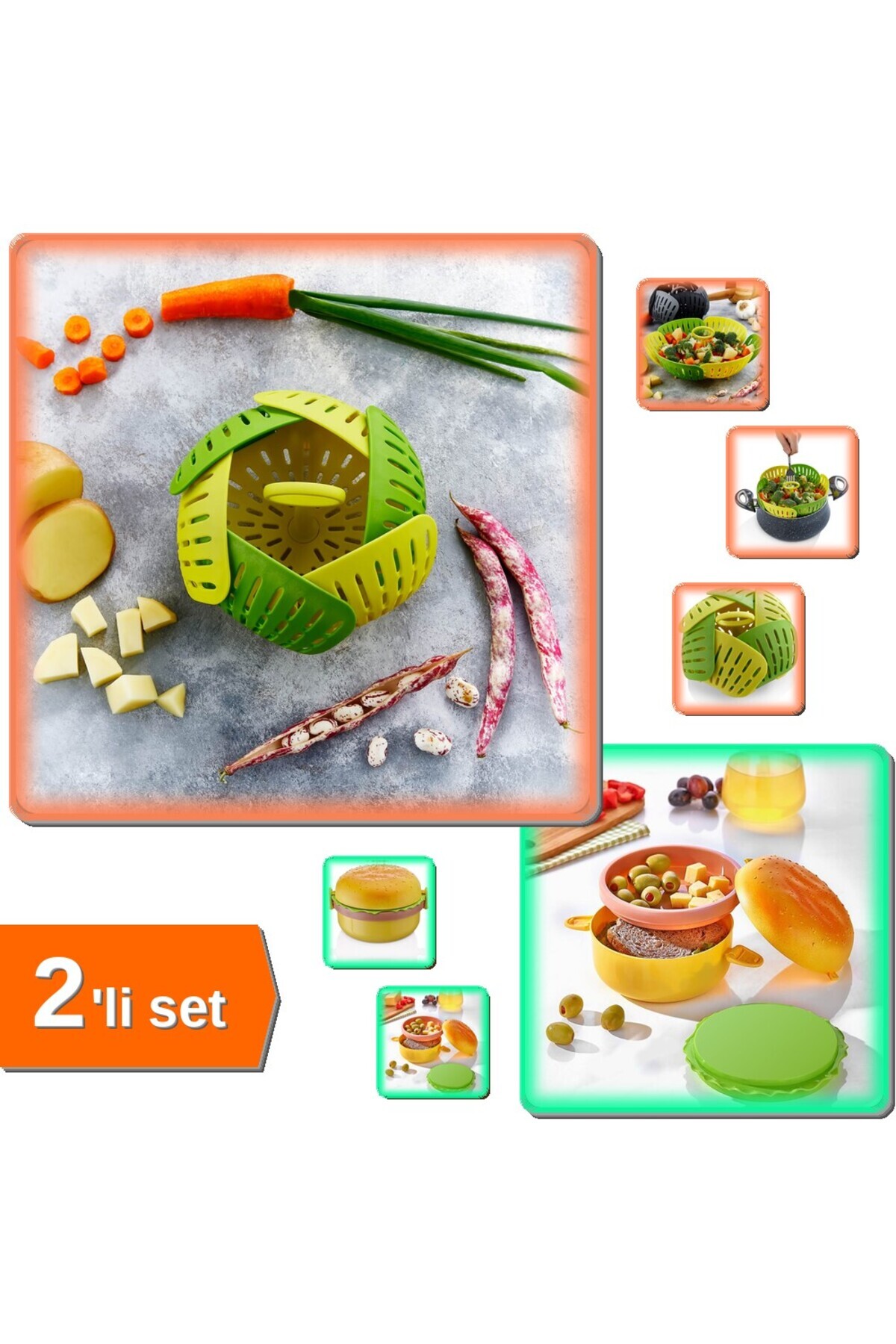 HerEveOyuncak Plastik Katlanır Buharda Pişirme + Hamburger Görünümlü 3 Bölmeli Beslenme Kabı - 2li Set C9F4E5