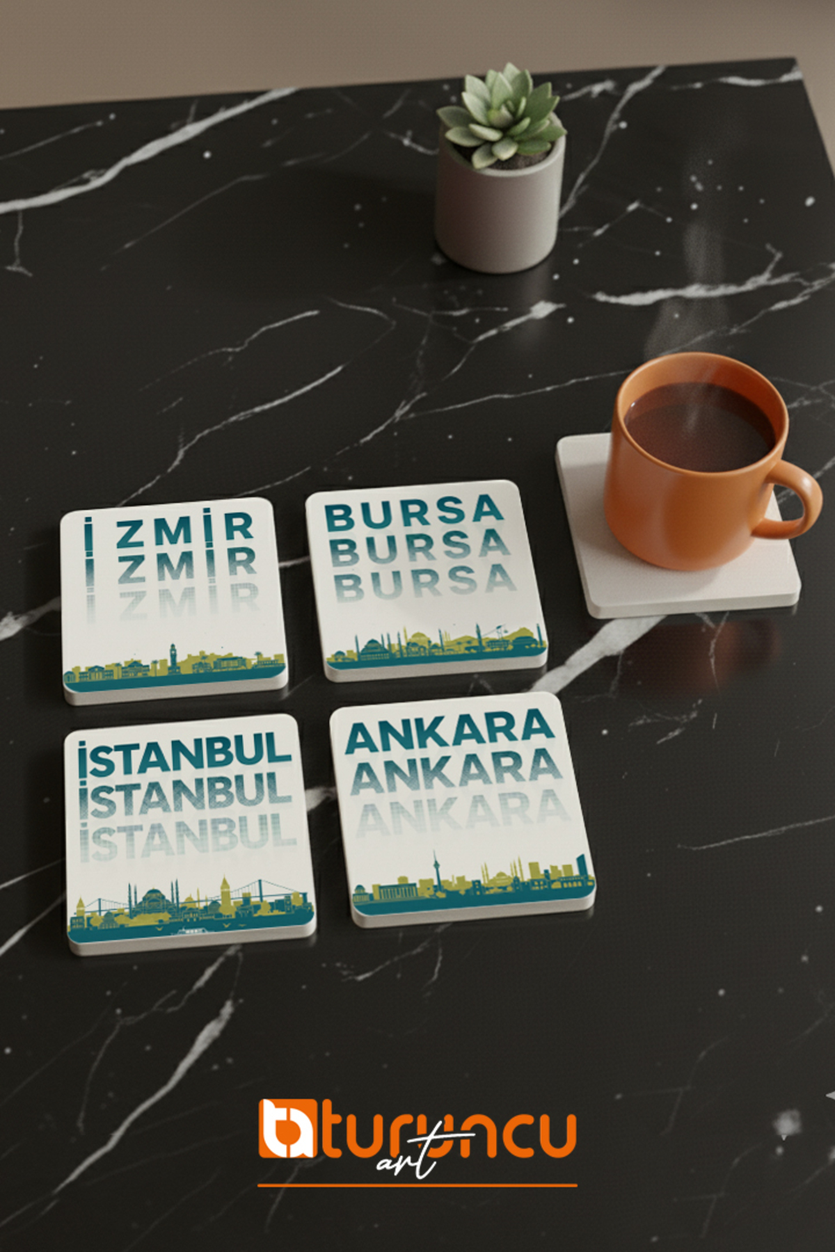 Türkiye Serisi - İstanbul-Ankara-İzmir-Bursa Doğal Taş Bardak Altlığı Seti, Ev ve Ofis 10x10cm