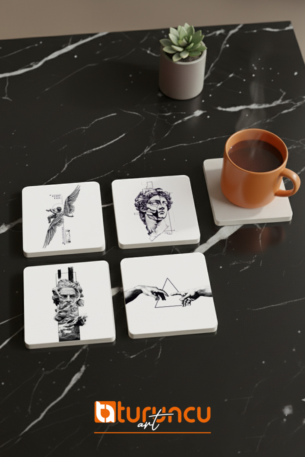 Michelangelo Davut Serisi Doğal Taş Bardak Altlığı Seti, Ev ve Ofis Kullanımı 10x10cm