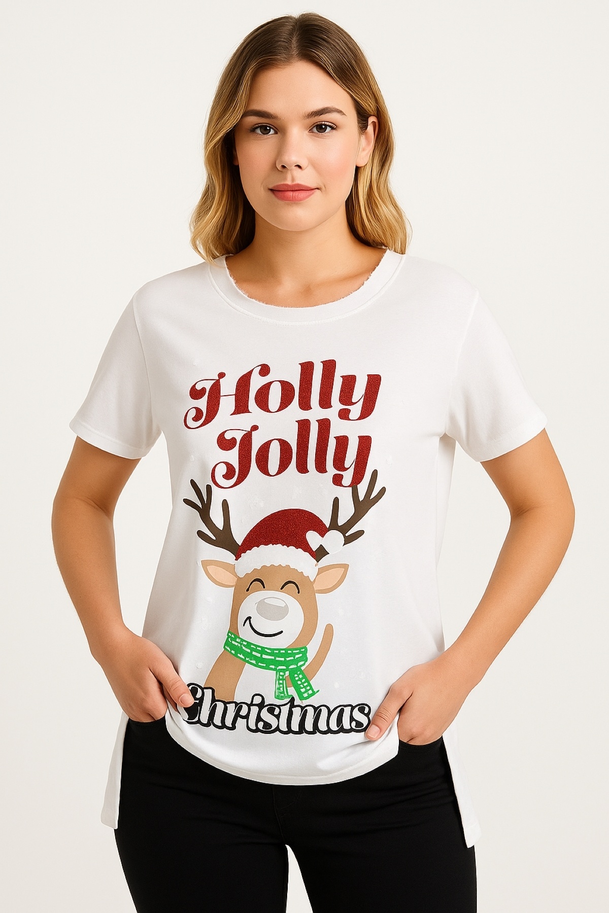 Şans Kadın Büyük Beden Beyaz, Yaka Yırtık Detaylı, Yan Yırtmaçlı Baskılı Tunik 65N39247