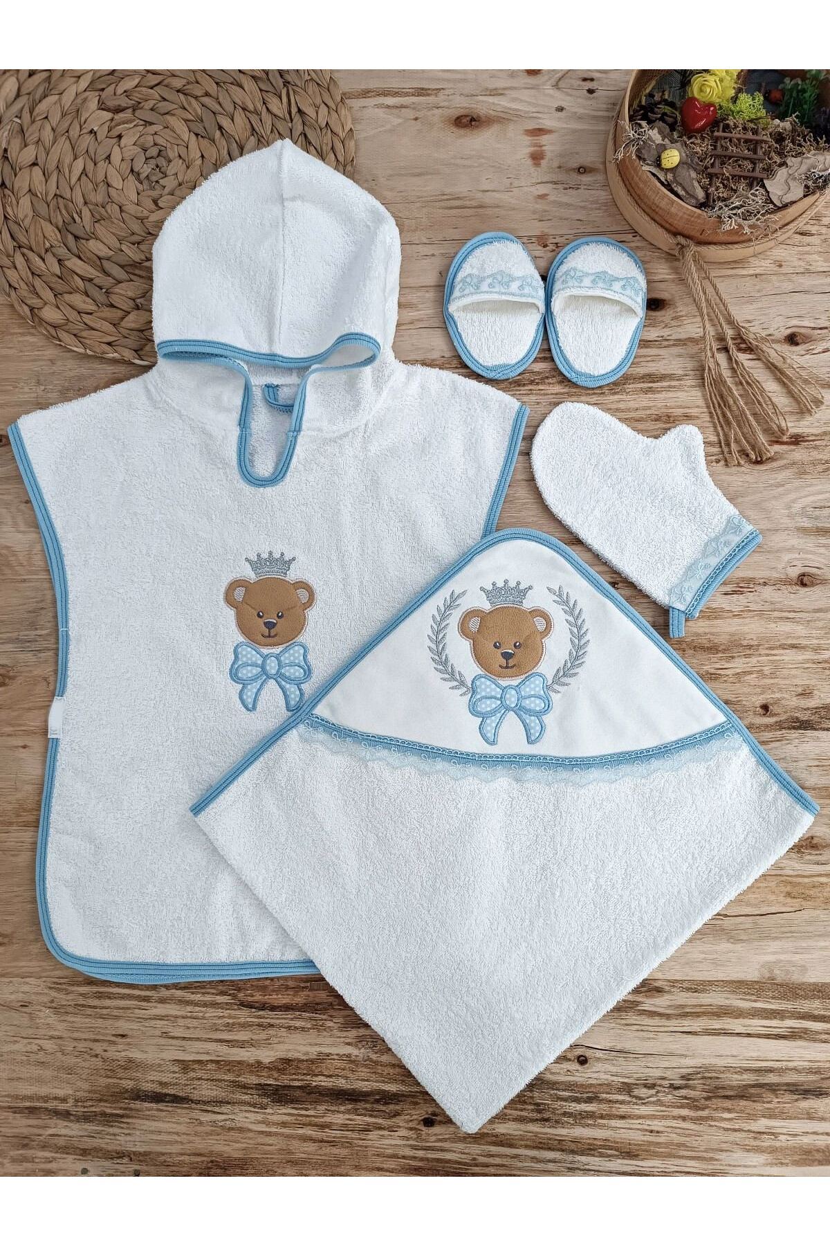 Alçakakan 0-1 Yaş Bear Nakışlı Pareolu 4lü Erkek Bebek Havlu Silgi Takımı