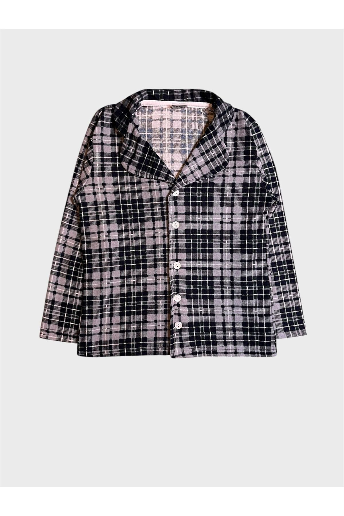 Genel Markalar Erkek Çocuk Pamuklu Süet Kumaş Gri Ekose Desenli Uzun Kollu Gömlek Yaka Düğmeli Pijama Takımı fotoğrafı 5 (önizleme)