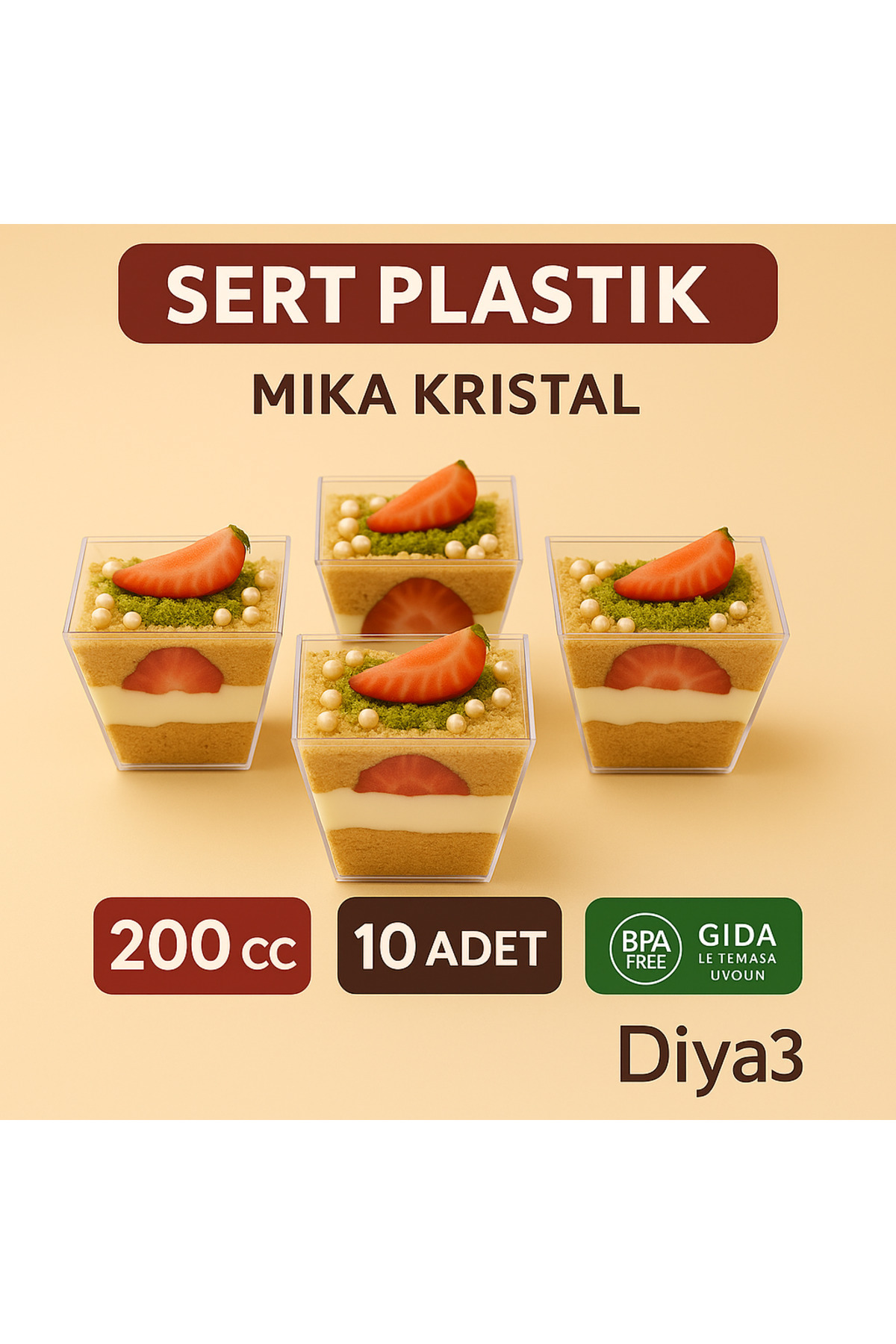 DİYA3 10 lu 200Cc Kübik Prizma Mika Magnolya Kase Plastik Tatlı Sunum Kabı Dondurma Puding Meze Salata