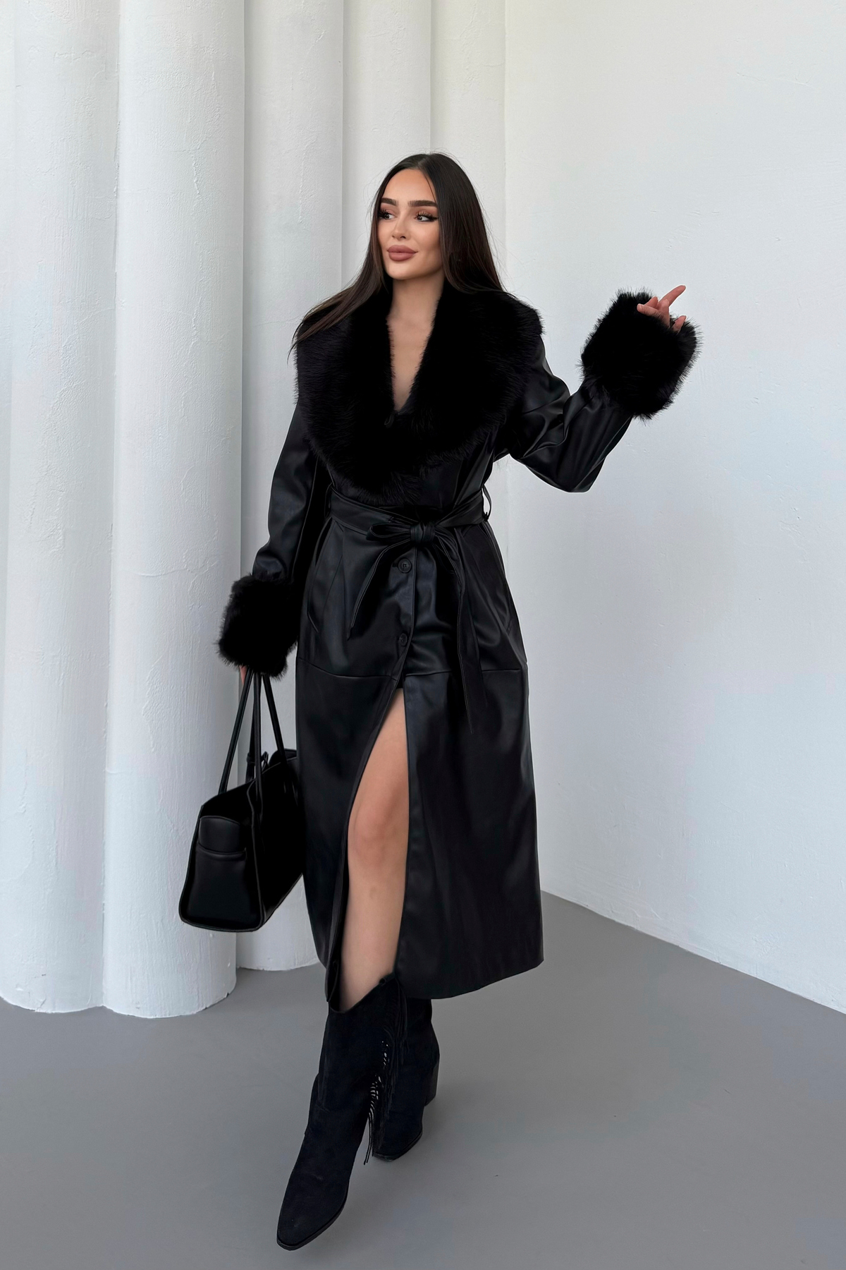 BLACKPERA  Premium Kürk Yaka Kürk Bilek Detay Cepli Astarlı Kemerli İthal Deri Trenç Kaban Mont - Görsel 6