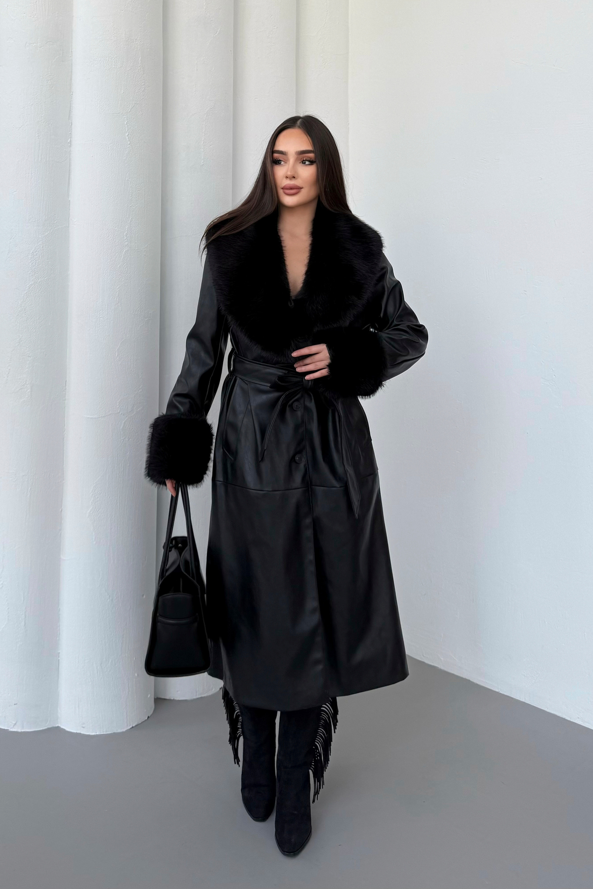 BLACKPERA  Premium Kürk Yaka Kürk Bilek Detay Cepli Astarlı Kemerli İthal Deri Trenç Kaban Mont - Görsel 3