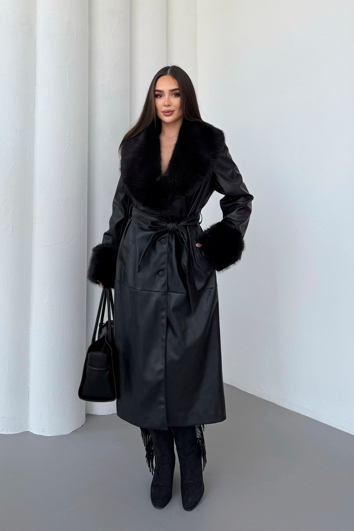 BLACKPERA  Premium Kürk Yaka Kürk Bilek Detay Cepli Astarlı Kemerli İthal Deri Trenç Kaban Mont - Görsel 7