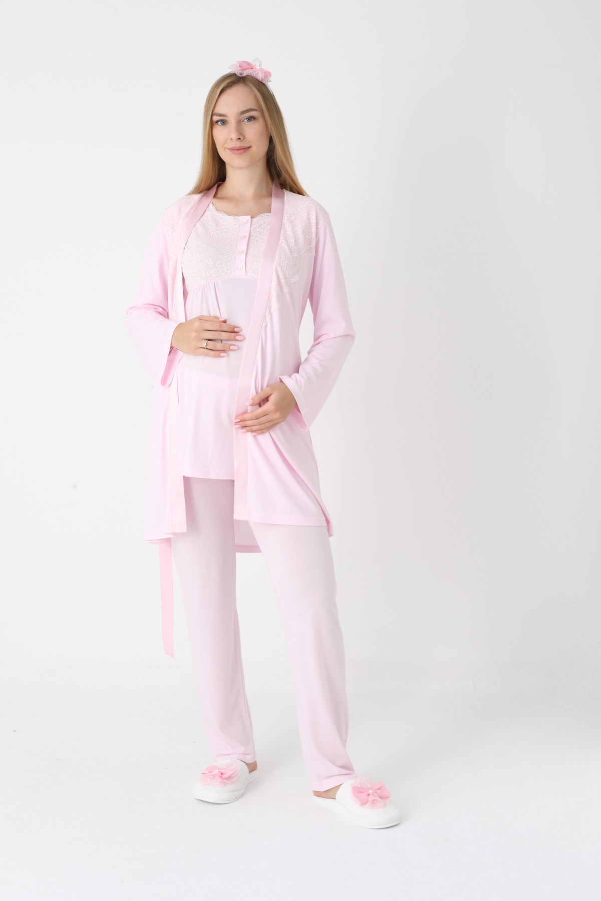 ERDENİZ TEKSTİL Dantelli Sabahlıklı Lohusa-Hamile Pijama Takımı 3'lü Set