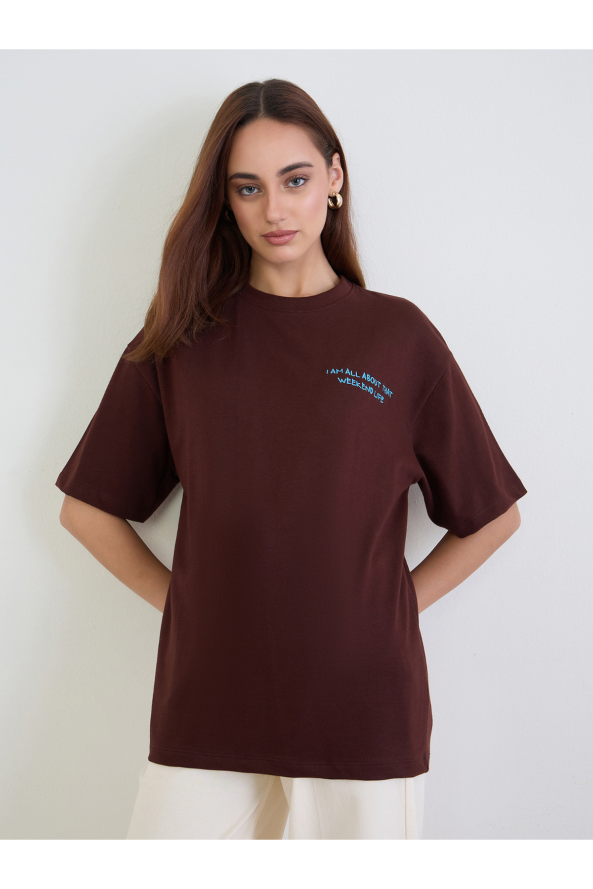 Styli Brown Embroidered Slogan Oversized T-Shirt