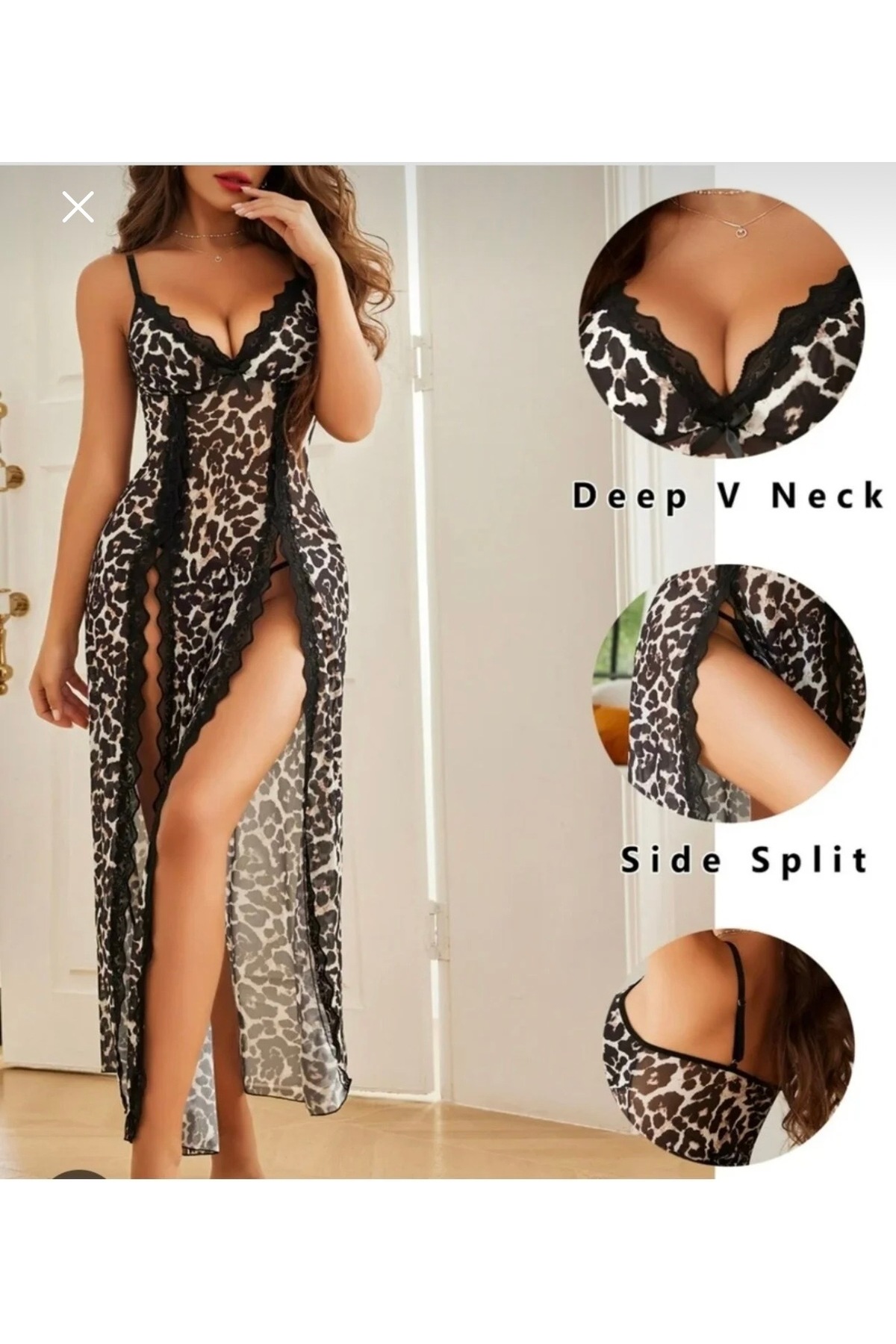 TİNYBEE Leopar Desenli Dantel Detaylı Şifon Gecelik