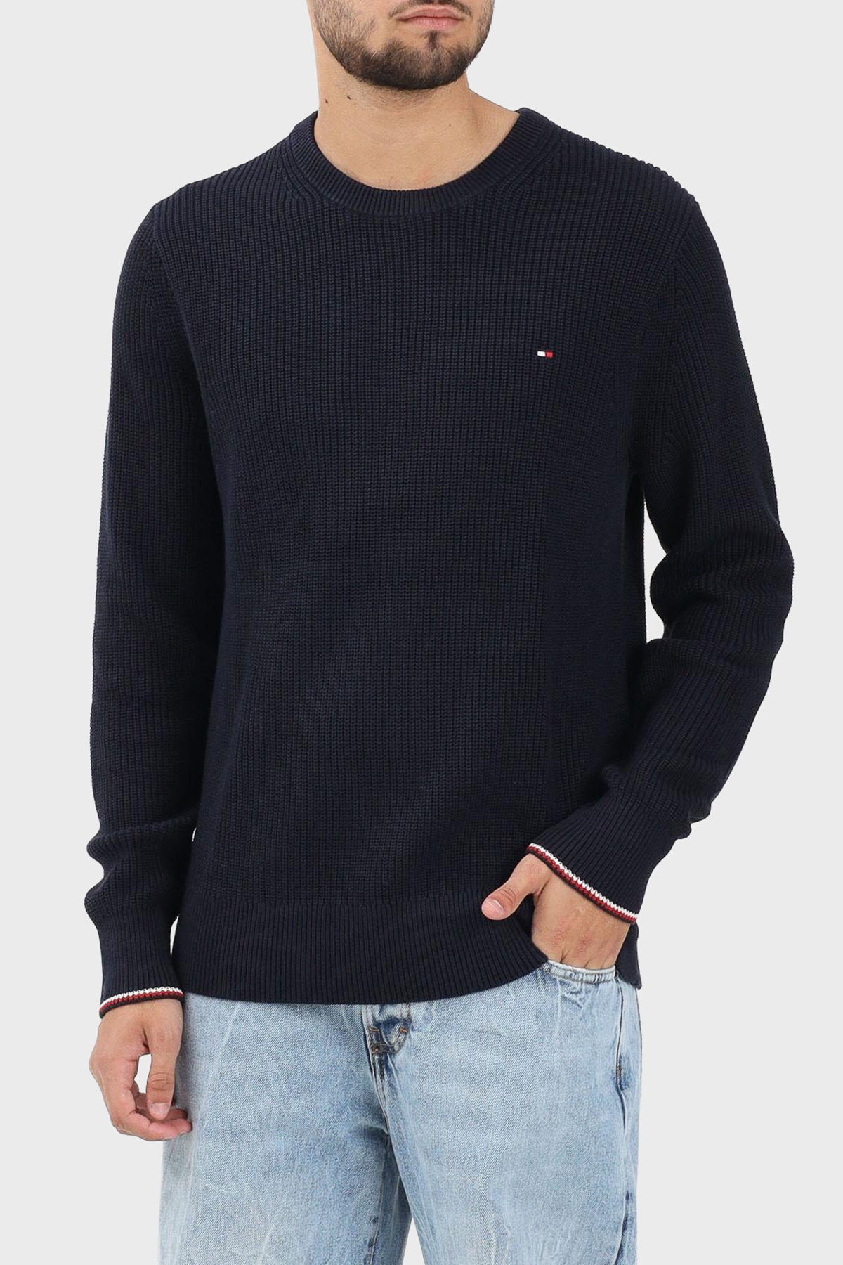 تامی هیلفیگر ژاکت مردانه یقه گرد طرح لوگودار نخی سایز معمولی MW0MW41516 DW5