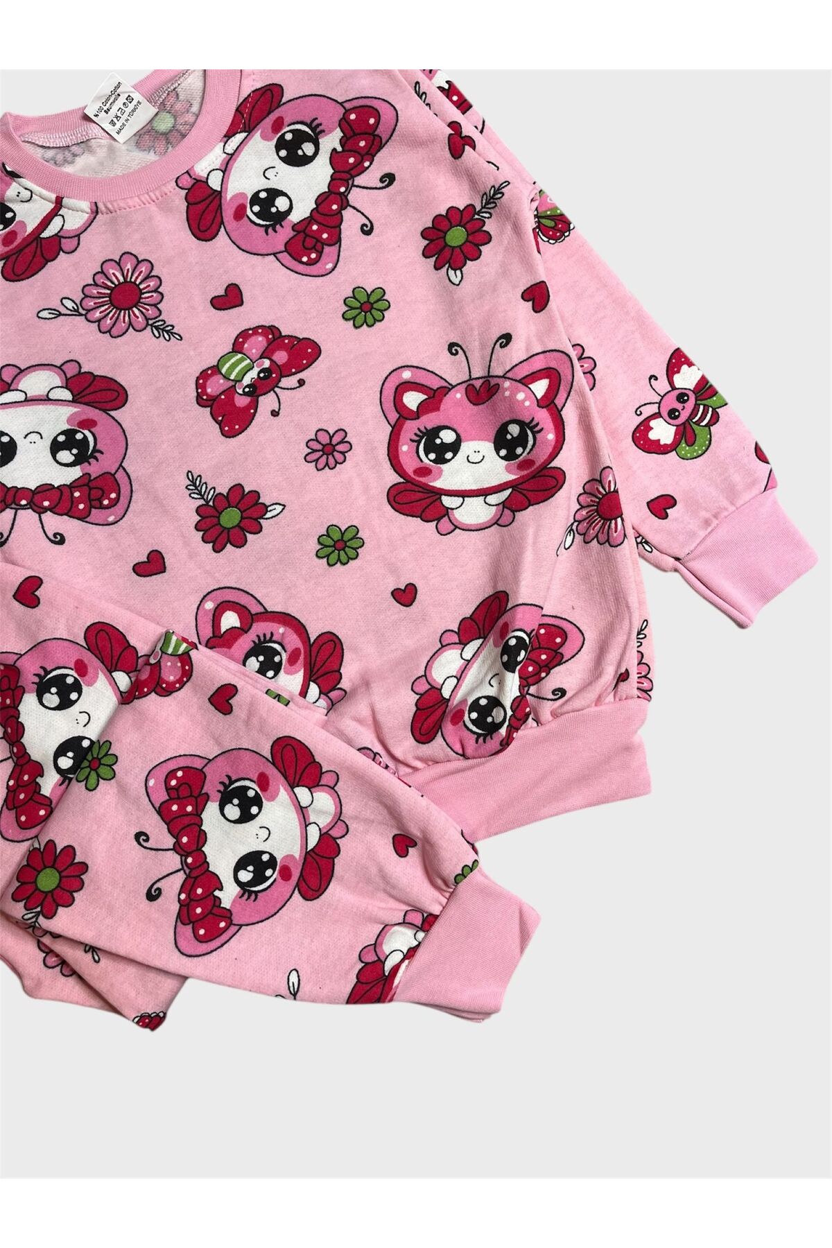 ALİŞ KİDS Kız Çocuk Pamuklu Şardonlu Pembe Kelebek Çiçek Desenli Uzun Kollu Kışlık Pijama Takımı fotoğrafı 2 (önizleme)