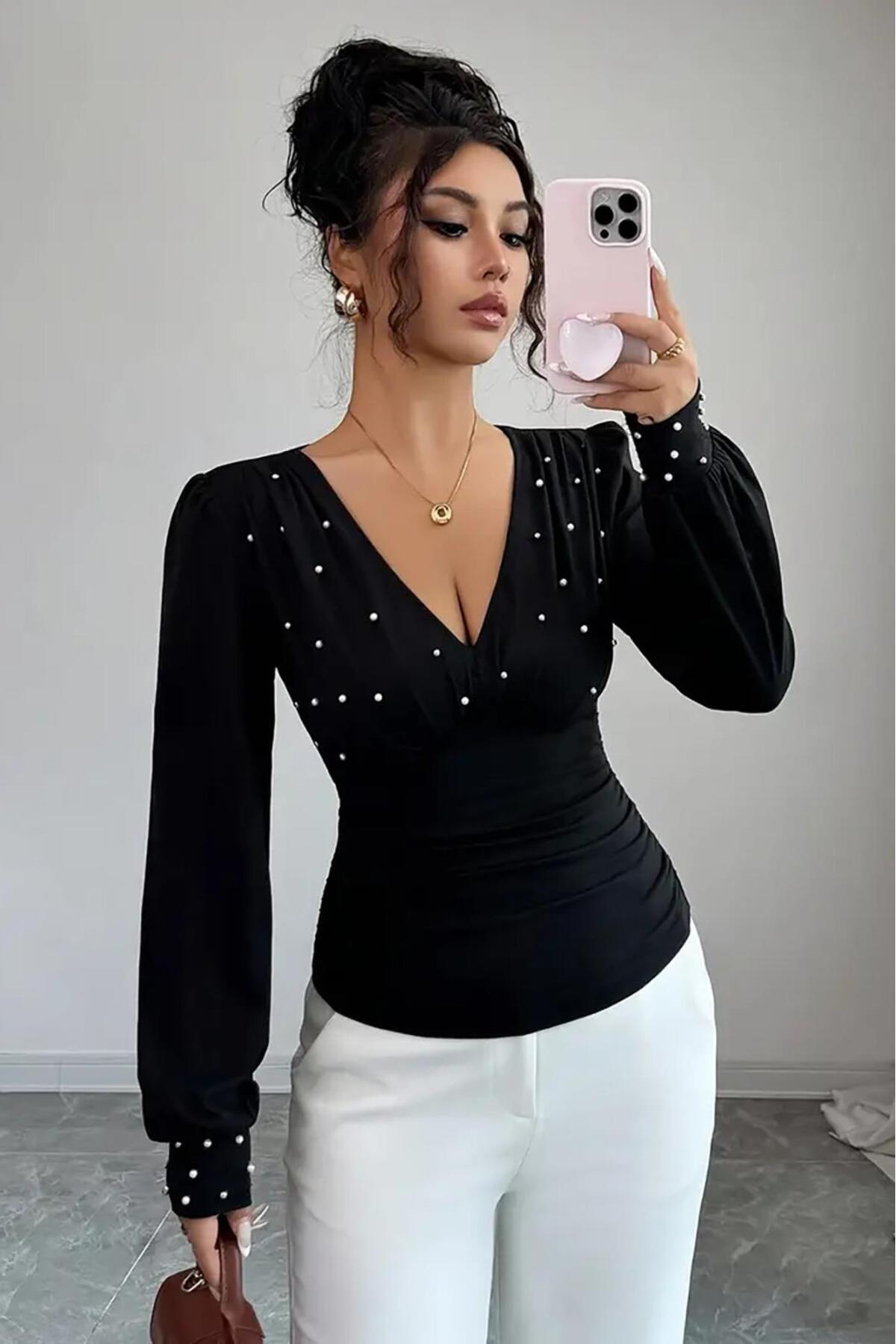 Deafox Чорна жіноча блузка з довгими рукавами, V-подібним вирізом та креповою тканиною з перламутровими деталями
