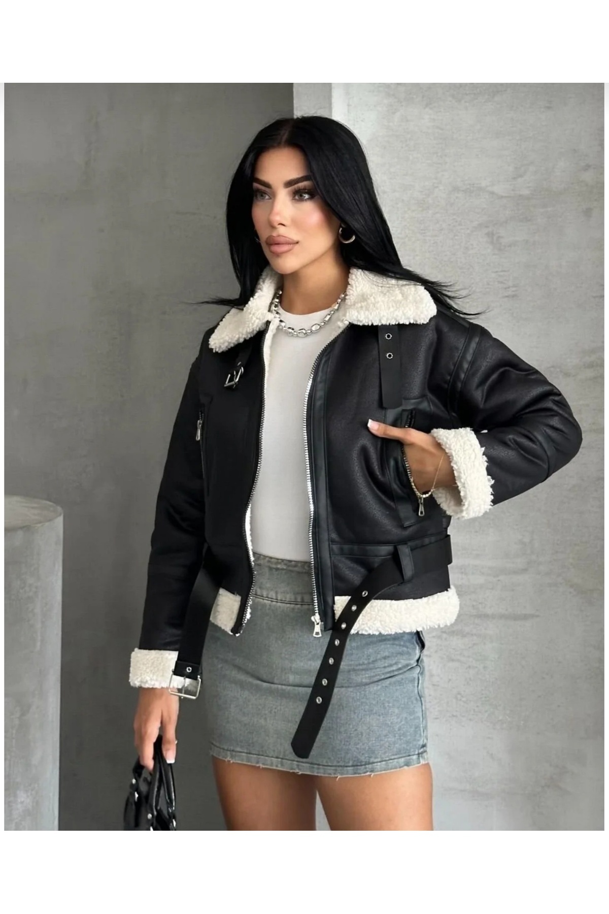 cottonage Γυναικείο δερμάτινο παλτό με ζώνη και επένδυση από γούνα