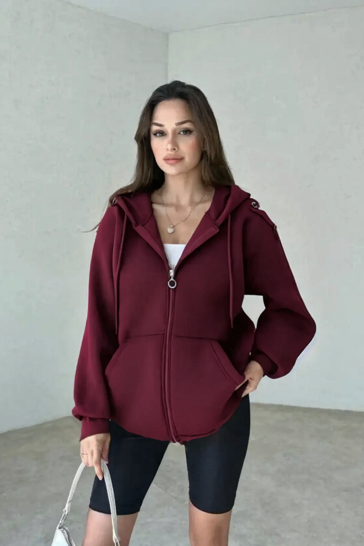 YAKAMEL Kadın 3 İplik Oversize Kapüşonlu Fermuarlı Hırka Sweatshirt
