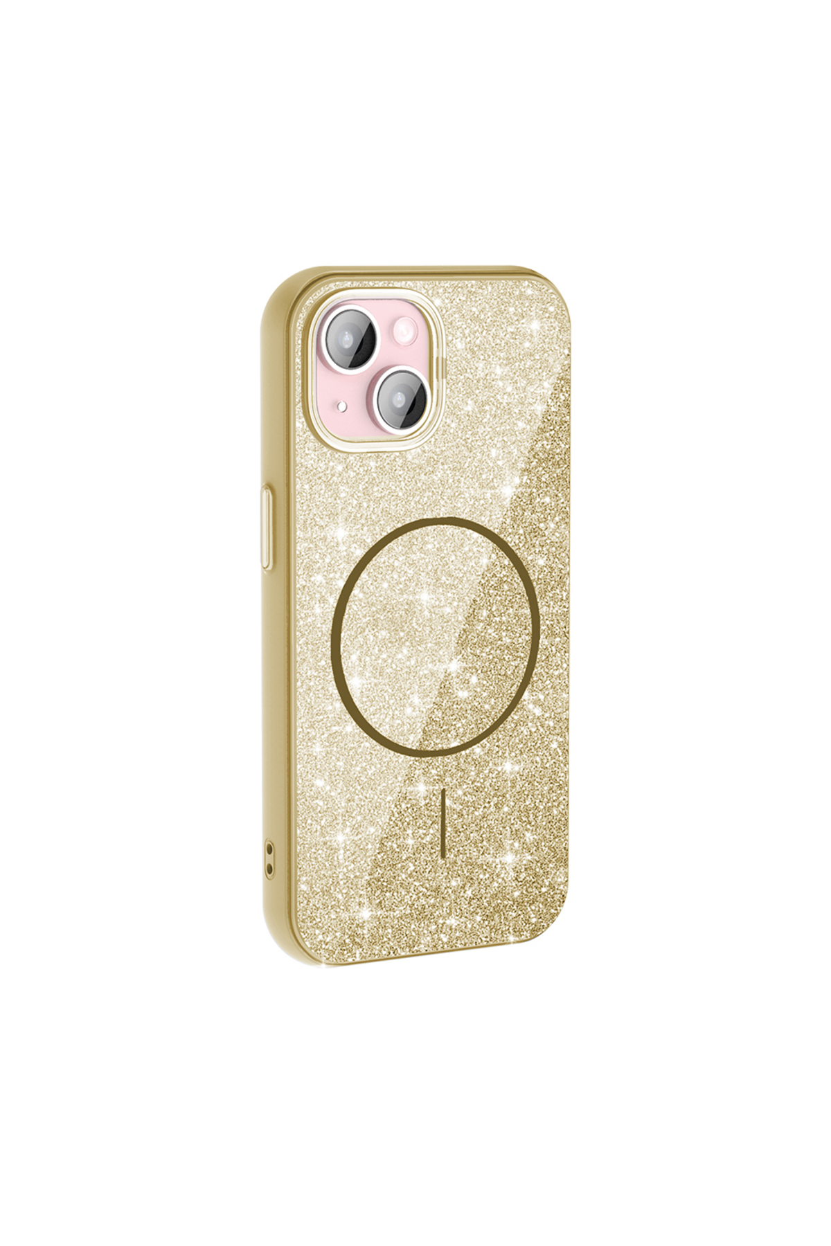 iPhone 15 Plus Kılıf Magsafe Şarj Özellikli Parlayan Simli SENK Okso Kapak - Gold