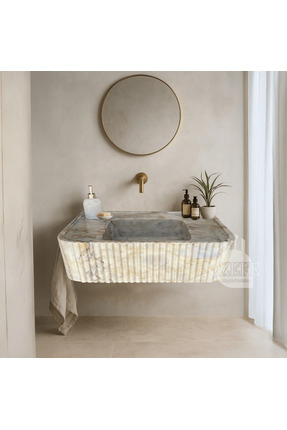 ÖZKAN Lüks Sarı Mermer Yivli Lavabo, Duvar Monte Mermer Lavabo, Dolap Üstü La...