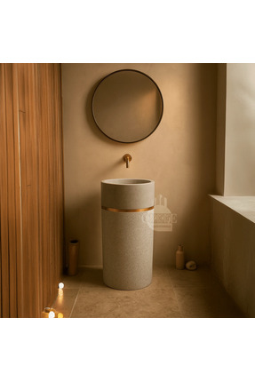 ÖZKAN Ayaklı Lavabo Silindir Doğaltaş Lavabo, Şeritli Beyaz Mermer Lavabo, Ba...