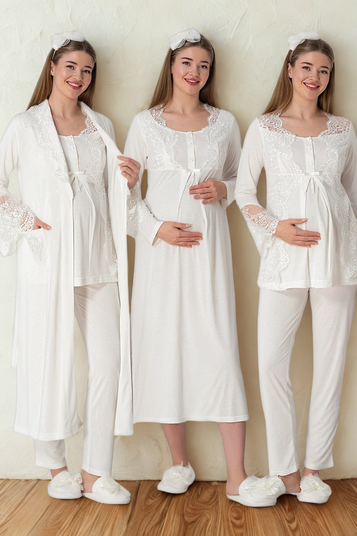 bigmama Uzun Kollu Kadın Dantelli Lohusa Hamile Sabahlık Gecelik Pijama4Lü Set-Yüksek Kalite 100%Pamuk Modal