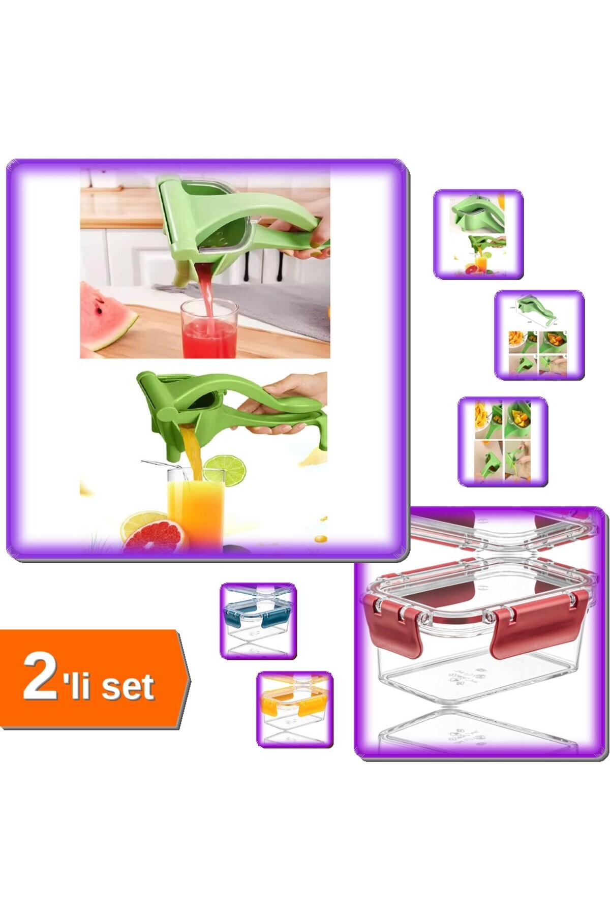 HerEveOyuncak Manuel Plastik Meyve Sıkacağı + 3 Adet Vakumlu Akrilik Saklama Kabı 900 ML - 2li Set A6F2D8