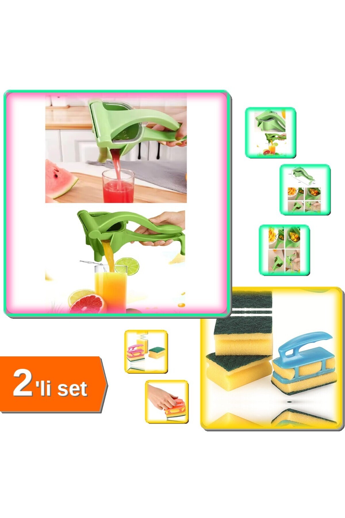 HerEveOyuncak Manuel Plastik Meyve Sıkacağı + Süngermatik 3 Adet Bulaşık Süngeri - 2li Set C5Y8P0