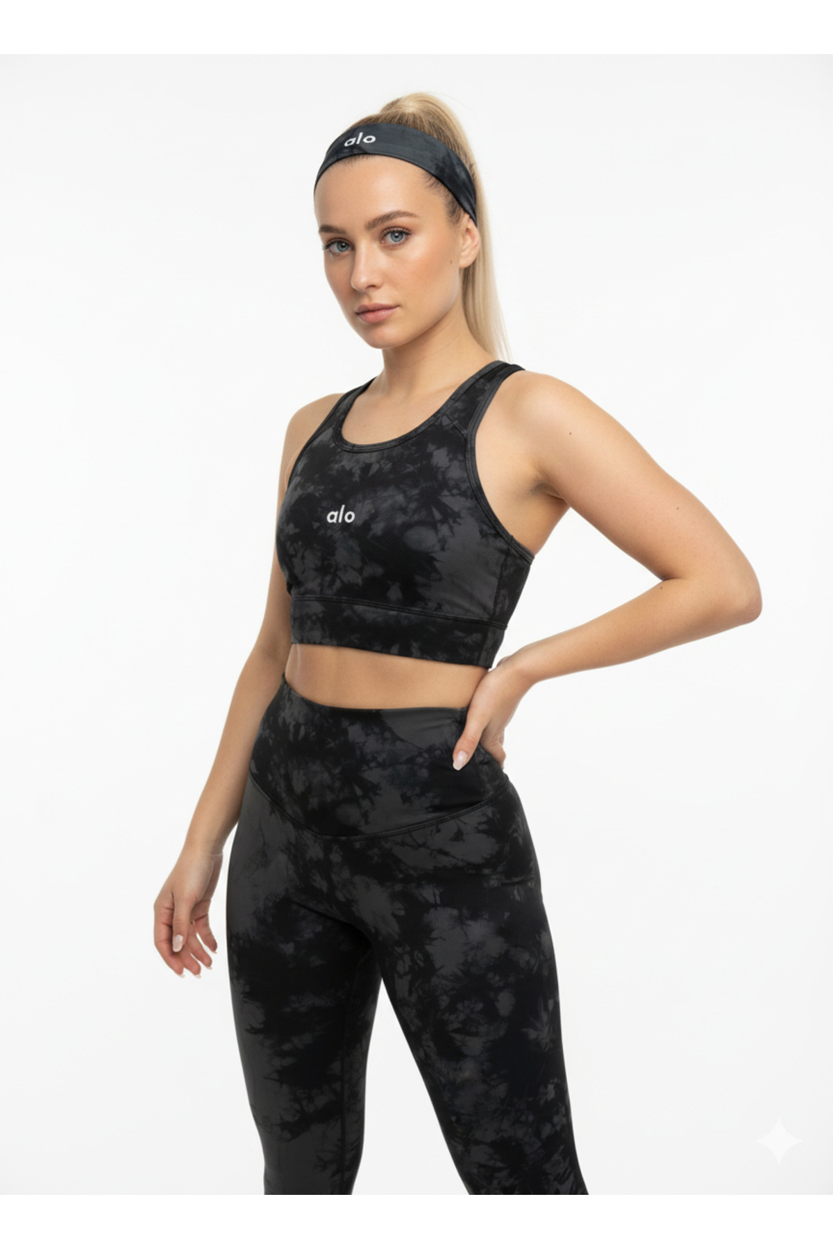 strivex Sports Pilates Fitness Sıkılaştırıcı Tayt Bra Bandana Sporcu Antrasit Batik Baskılı Üçlü Takım