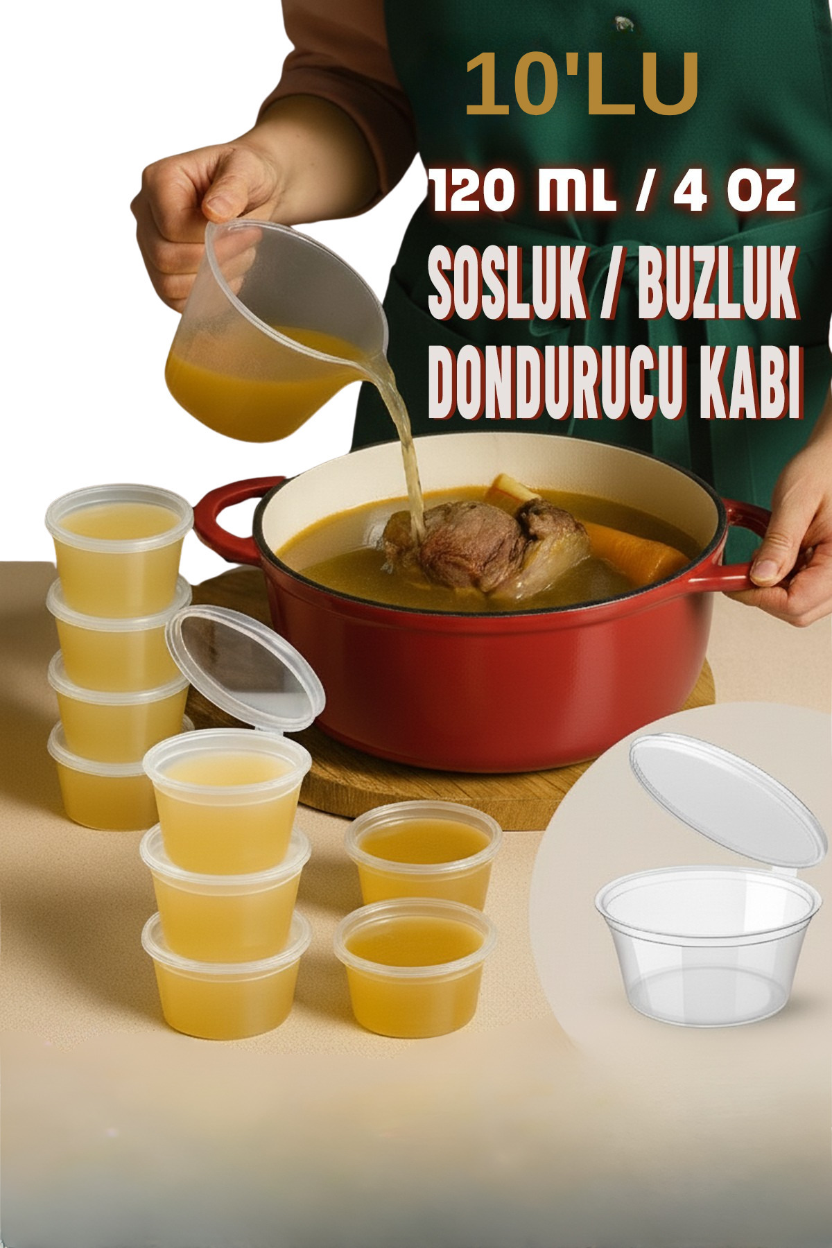 QesQin 10 Adet Sızdırmaz 120 ml Mini Saklama Kabı Sosluk Buzluk Kabı, Et Suyu, Kemik Suyu, Sos Kabı Mutfak