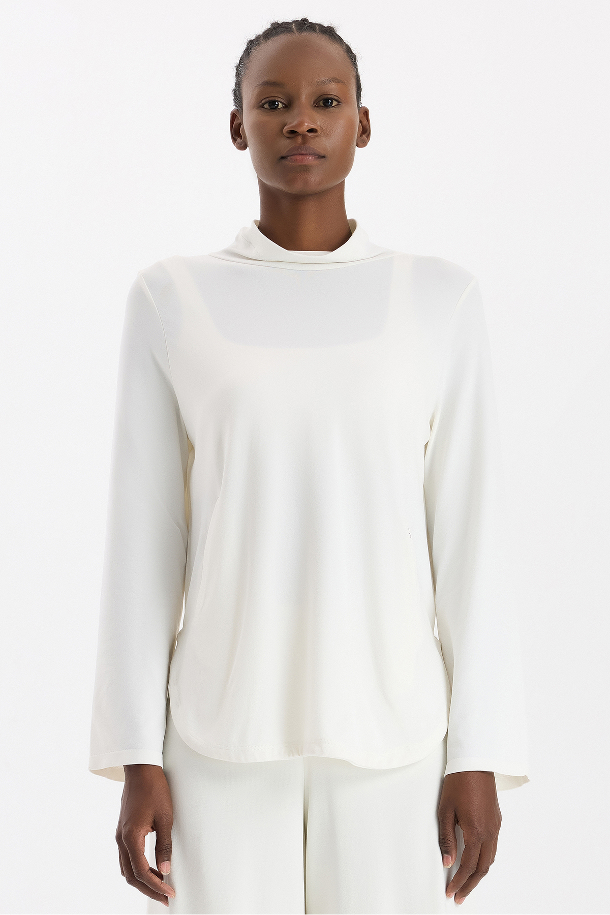 COMEUP Yüksek Yaka Cepli Uzun Kollu Hafif Sweatshirt Kırık Beyaz