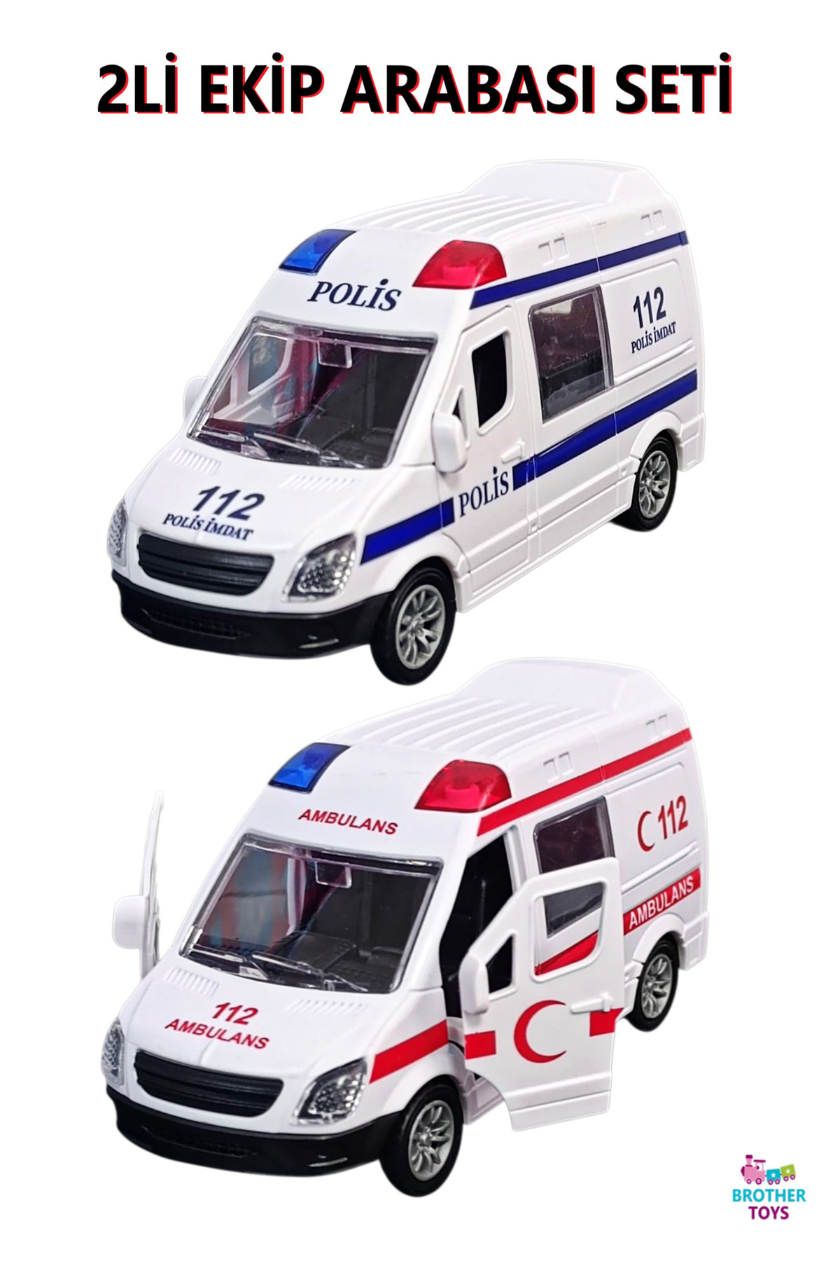 Brother Toys 2'li Ekip Arabası Seti Ambulans Ve Polis Sürtmeli Oyuncak Araba 12 Cm.