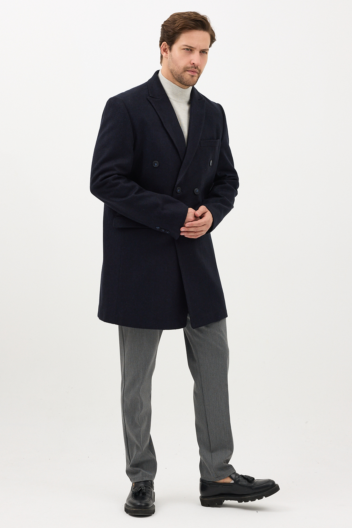 Frappoli  Pagano Erkek Koyu Lacivert Kruvaze Sivri Yaka Slim Fit Kaşe Kaban - Görsel 6