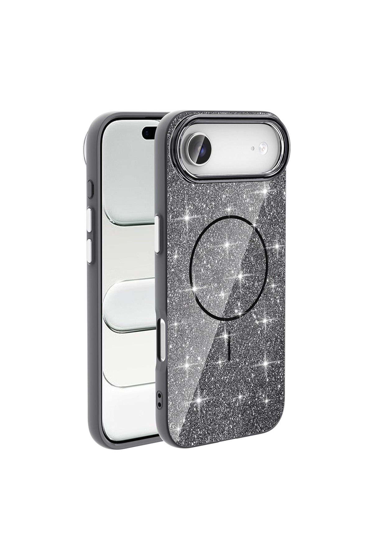 iPhone 17 Air Uyumlu M-safe Şarj Özellikli Parlayan Simli Okso Kılıf - Siyah