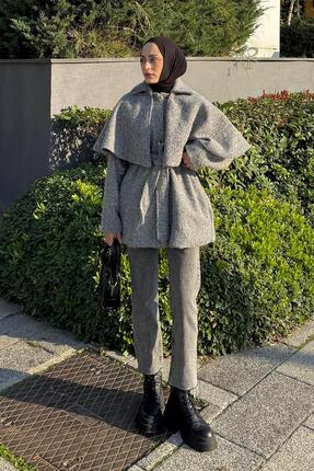 Lamelif Bağlama Detaylı Pelerinli Kaban Gri