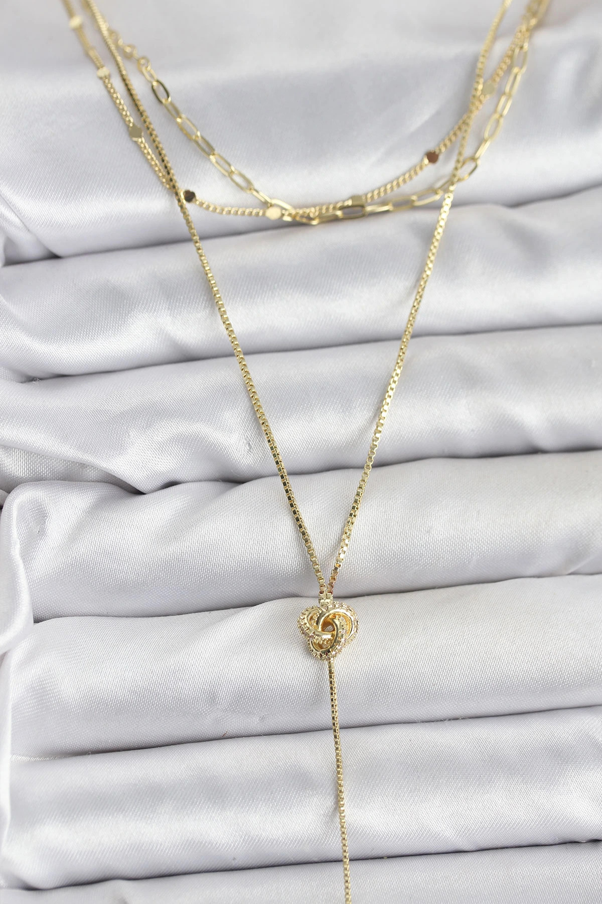 cenk x store BFS Pirinç Gold Renk Düğüm Model Detaylı 3'lü Kombin Y Kadın Kolye