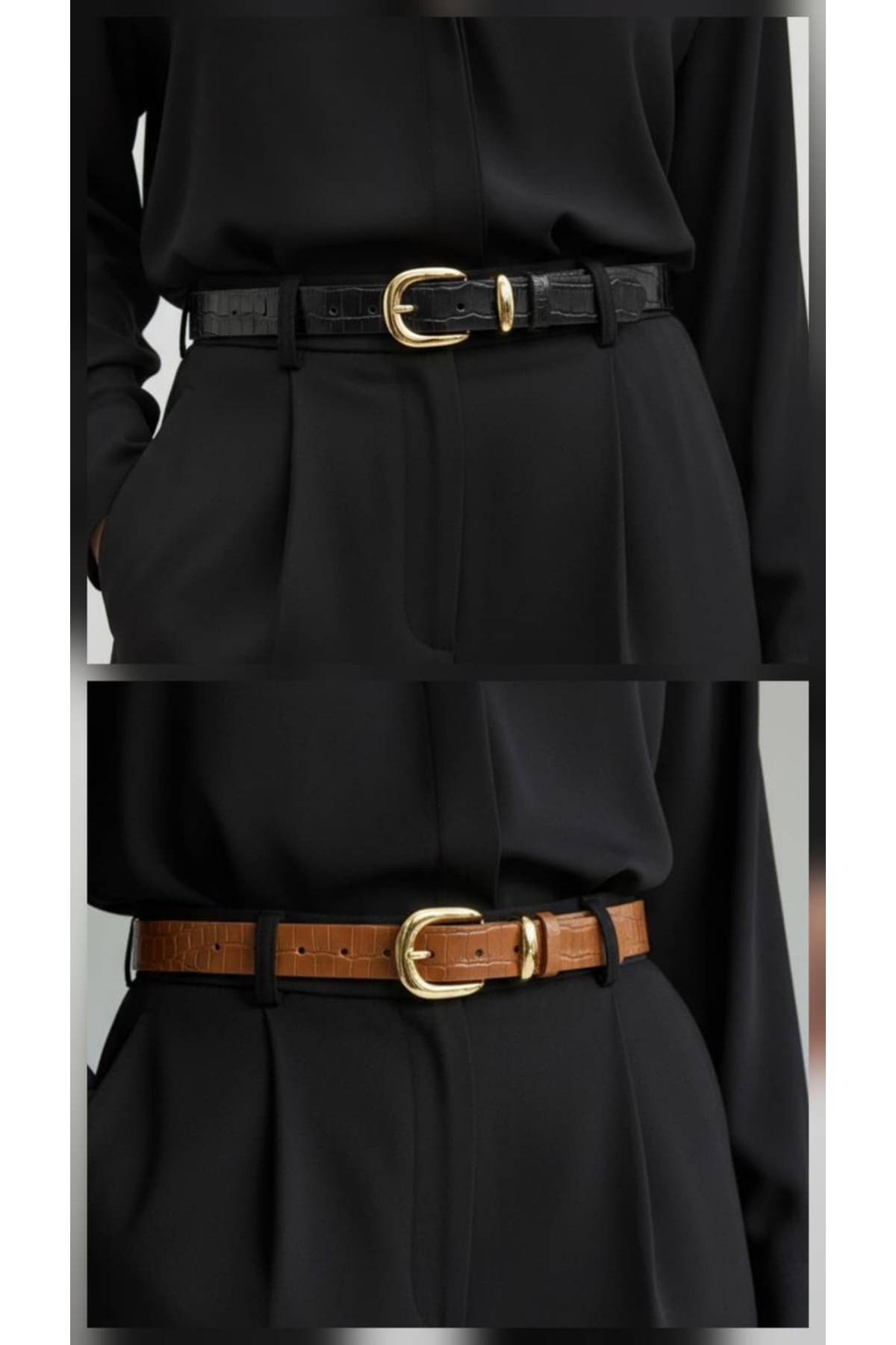 100% Genuine Leather Gold Buckle 2-piece set Croco Pattern 3 cm women's belt Black-Tan