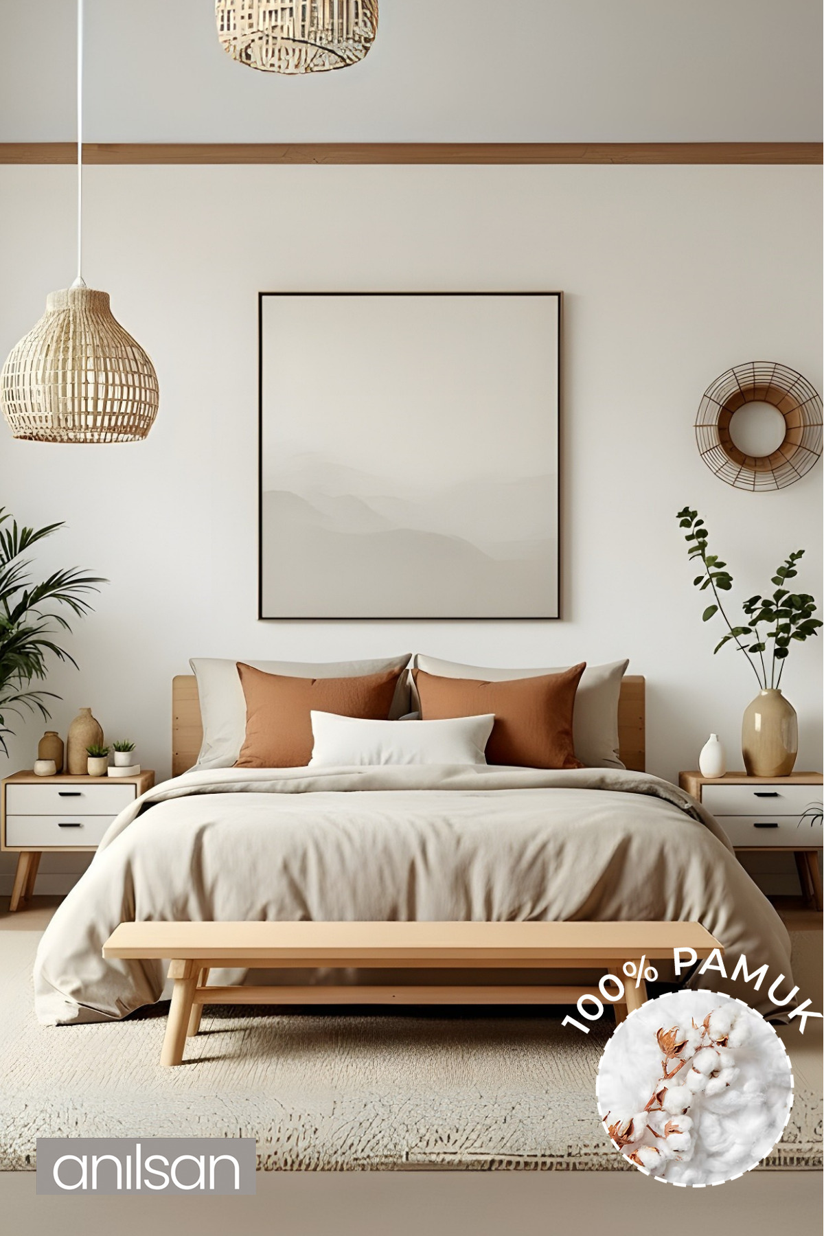 Anılsan Düz Bej King Lastikli Çarşaf Düğmeli Ranforce Nevresim Takım %100 Pamuk 2 Adet Yastık Kılıf