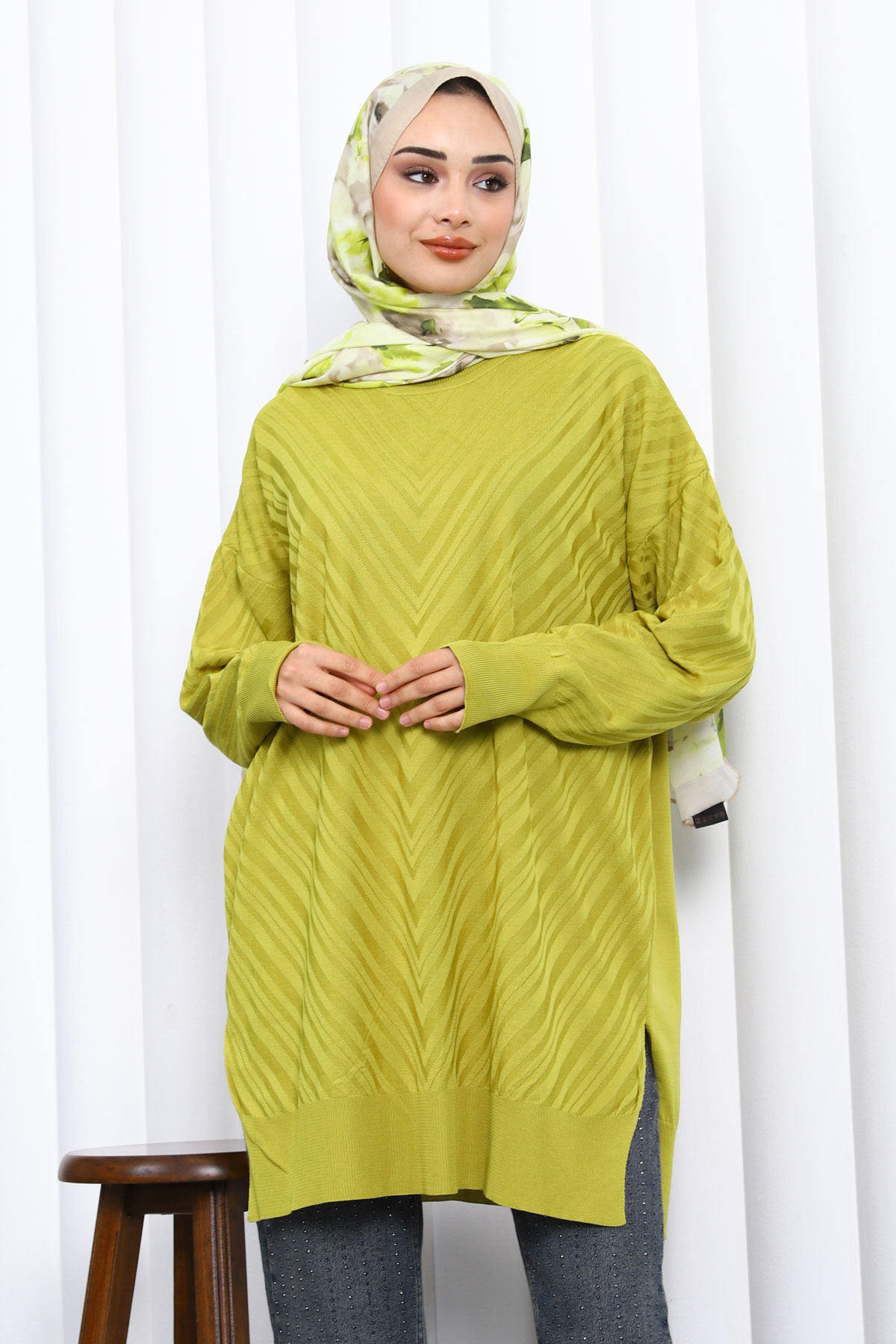 İmajButik Yağ Yeşili Bisiklet Yaka Soğuk İplik Triko Tunik