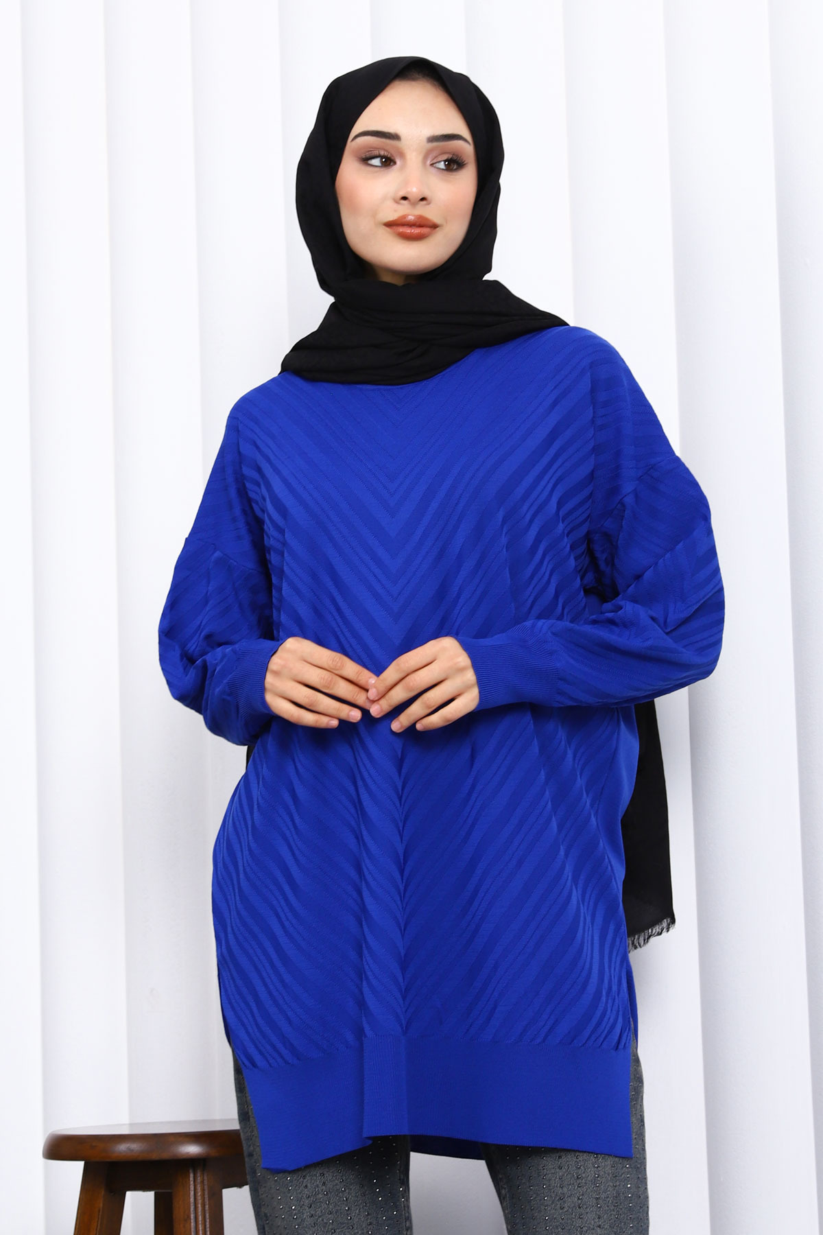 İmajButik Saks Mavi Bisiklet Yaka Soğuk İplik Triko Tunik