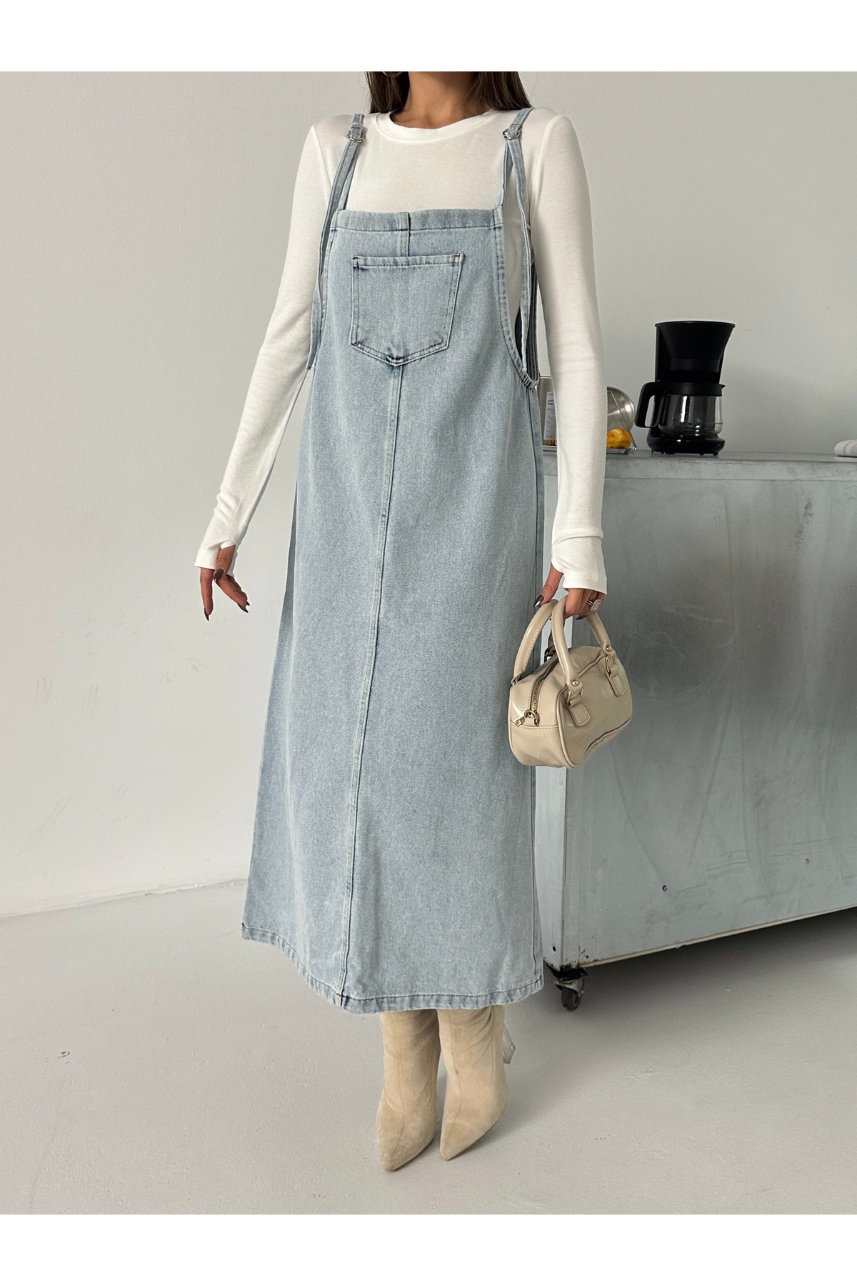 BLUE MARLIN  KADIN UZUN TAŞ ASKILI BAHÇEVAN KOT ELBİSE - Görsel 6