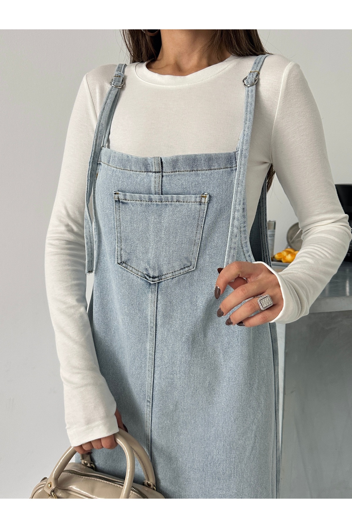 BLUE MARLIN  KADIN UZUN TAŞ ASKILI BAHÇEVAN KOT ELBİSE - Görsel 5