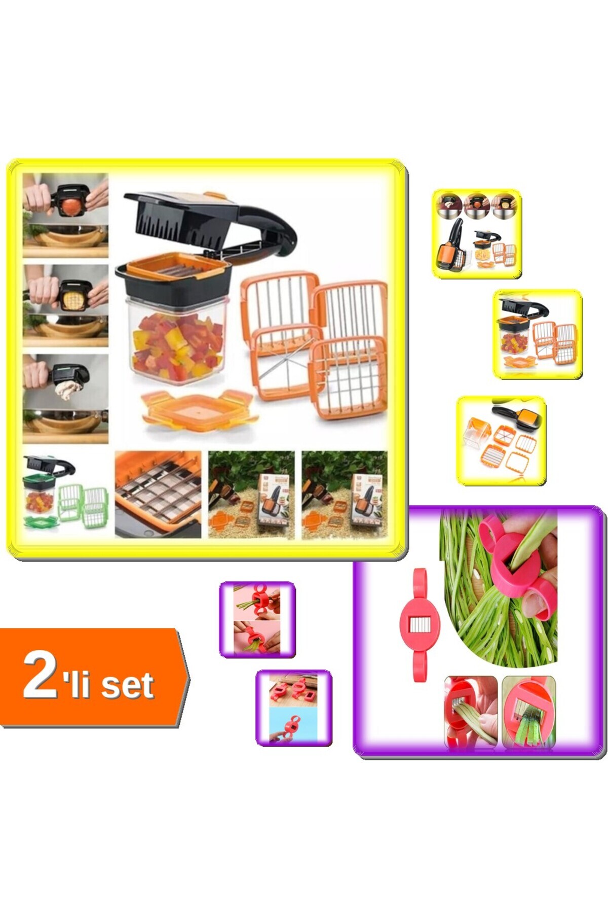 HerEveOyuncak 5 In 1 Pratik Hazneli Sebze Meyve Doğrayıcı + Ayarlı Yeşil Fasulye Bamya Dilimleyici - 2li Set R9U2C