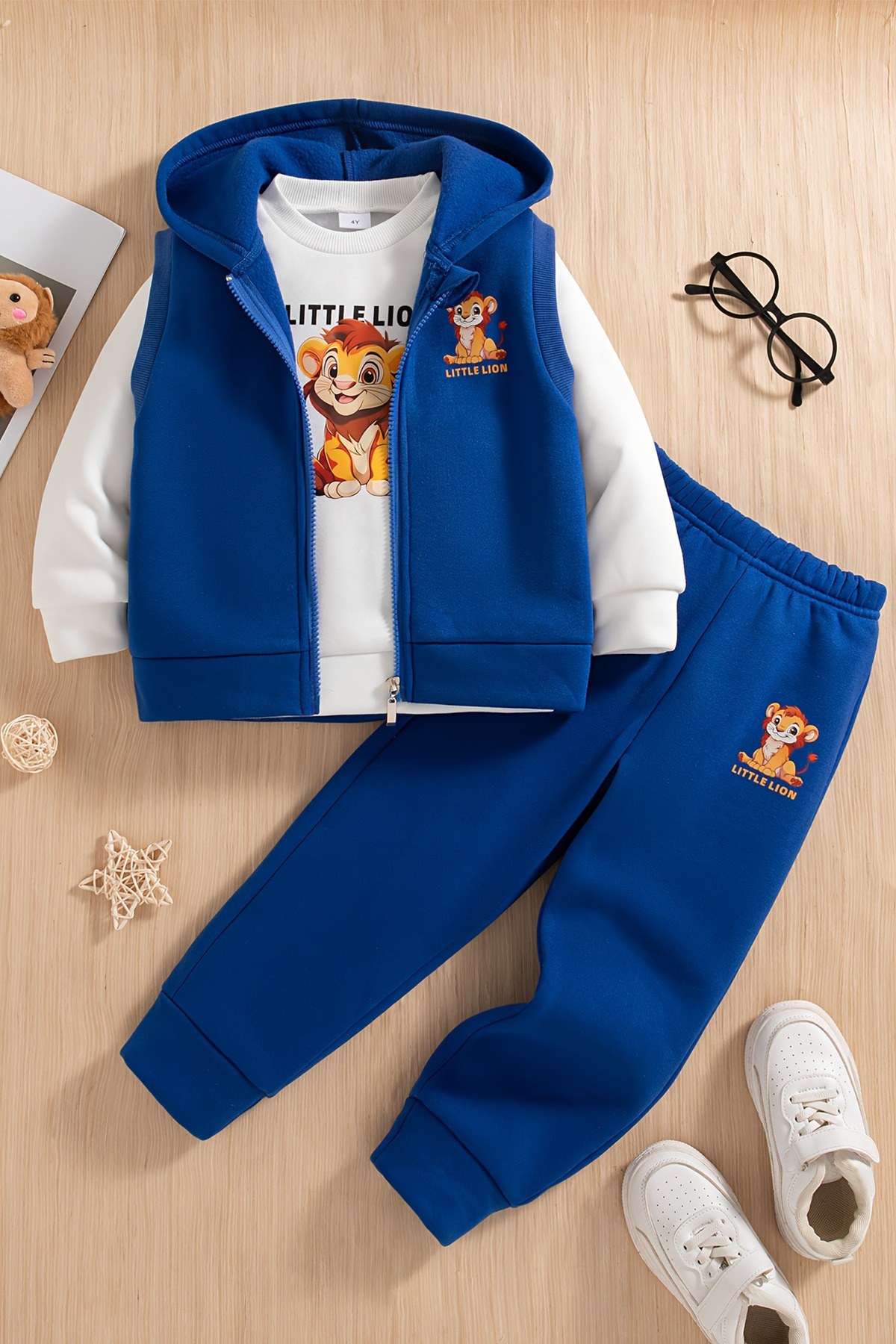 ADABEBEK Premium Little Lion Baskılı Yelekli 3'lü Alt Üst Bebek Takımı 24757