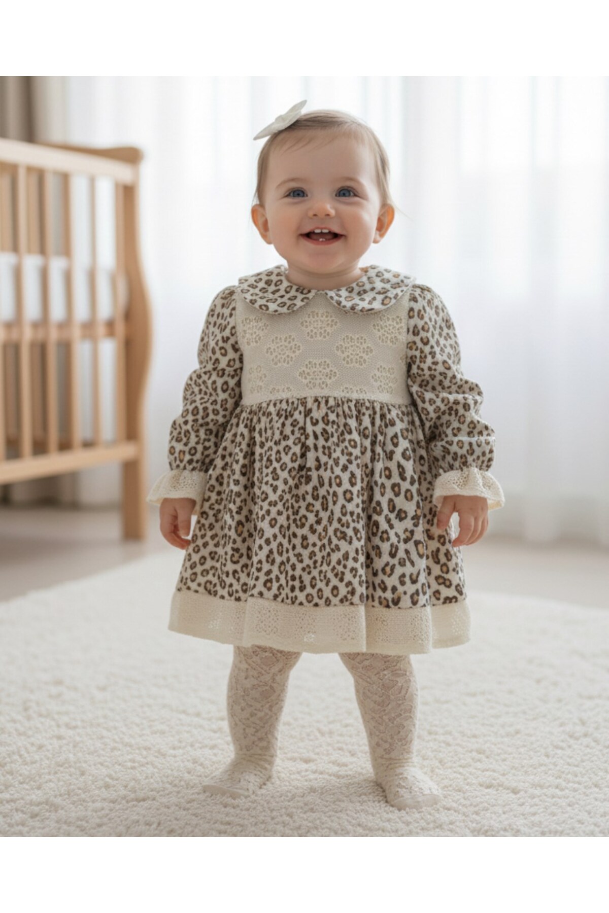 voyyo kids baby Kız Bebek Dantel Detaylı Leopar Elbise, Müslin Kumaş, 6-9-12-18-24 Ay Özel Gün Elbisesi l Bayramlık fotoğrafı 2 (önizleme)