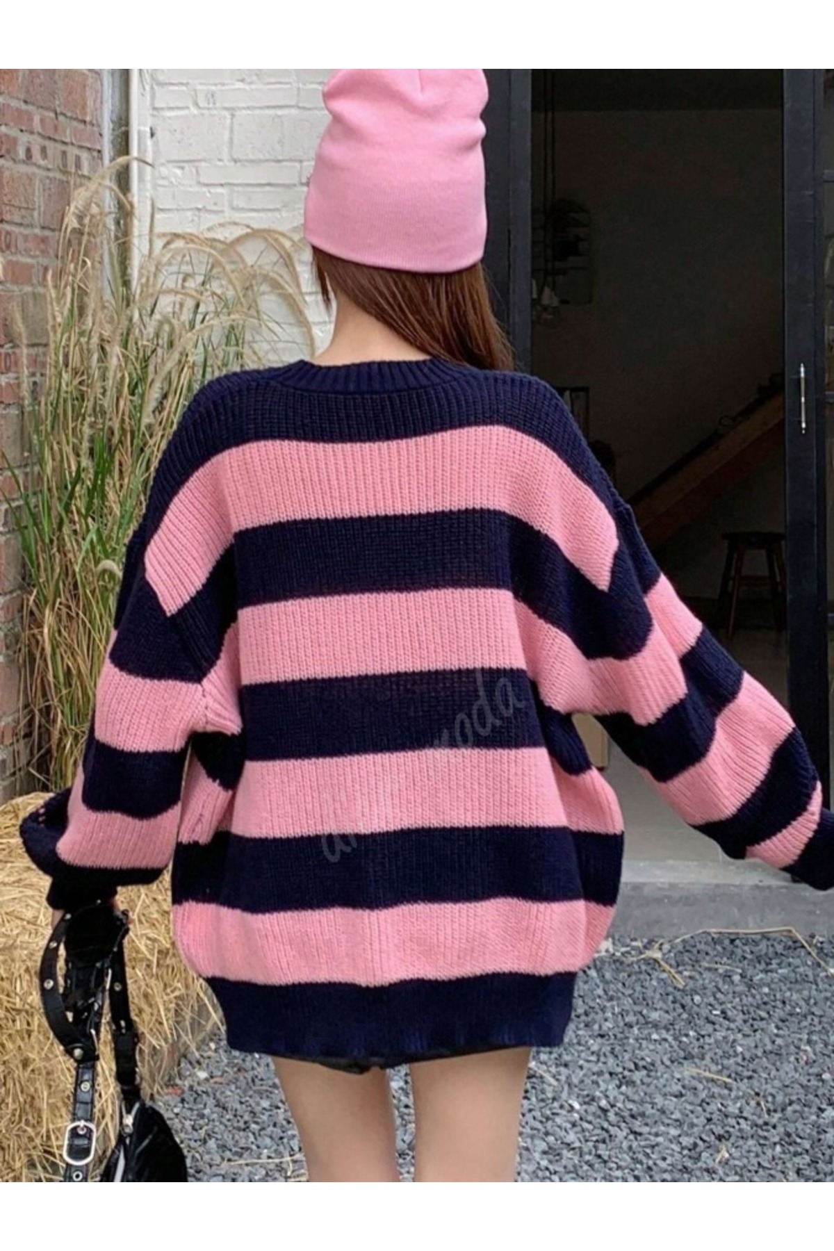 Dier Moda  Kadın kalın çizgili tüylenmez oversize triko kazak, Kadın kazak - Görsel 5