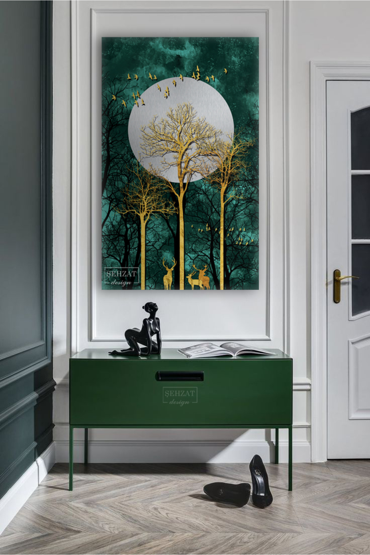 Evening Forest with Single Vertical Golden Deer Green Themed Canvas Painting